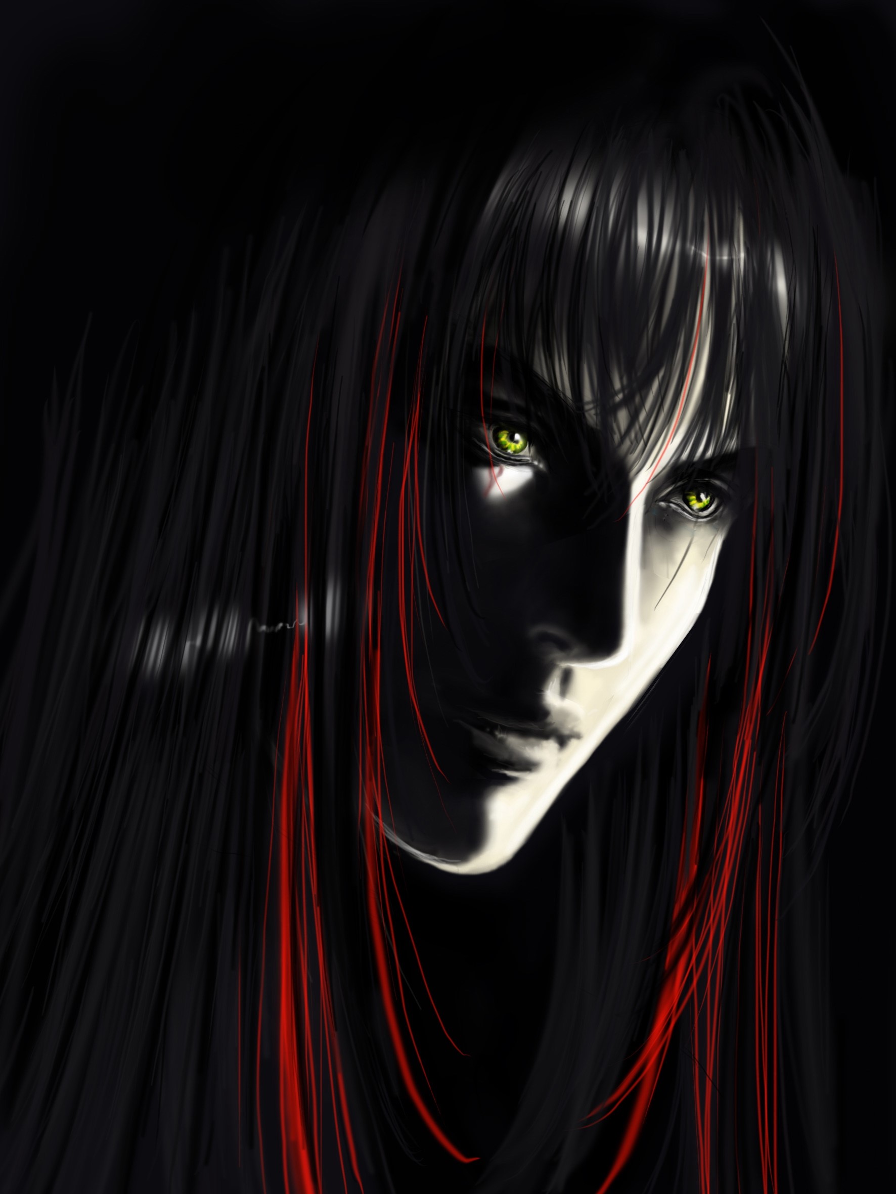Painting of a person with black hair and red streaks HD Phone Wallpaper