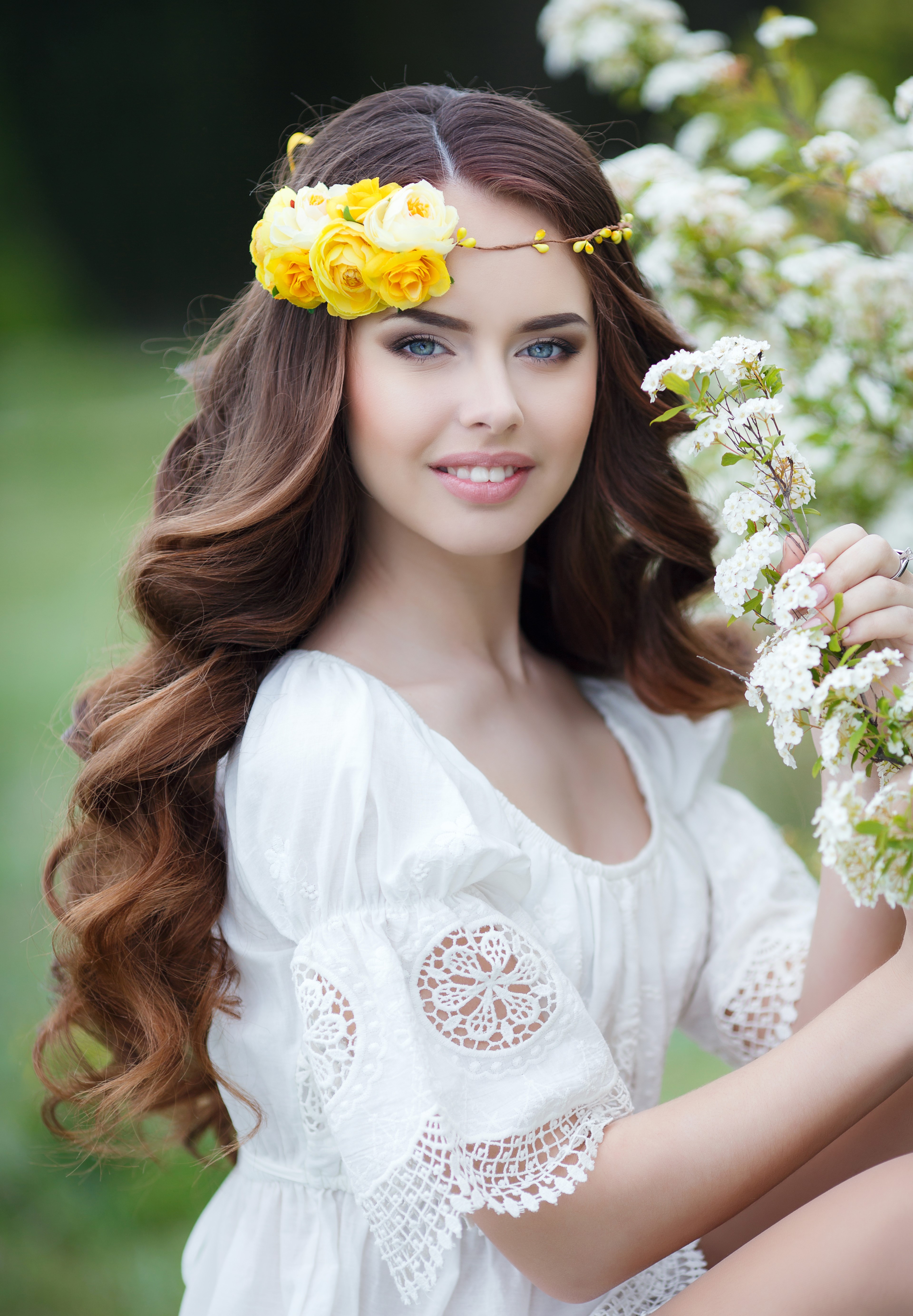 Beautiful Woman with Yellow Roses in Hair HD Phone Wallpaper
