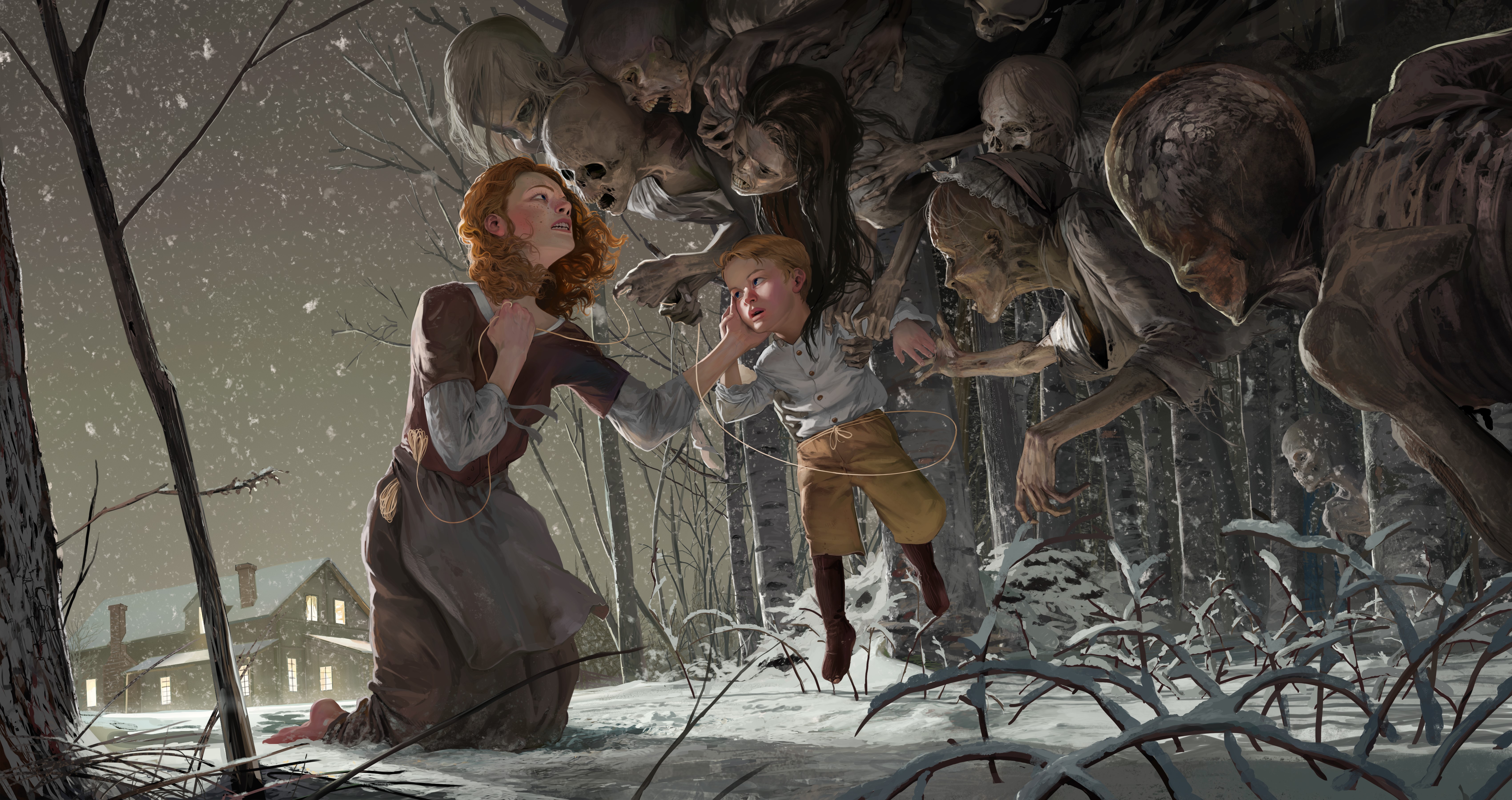 Undead attacking a redhead girl and a boy in snow HD Wallpaper
