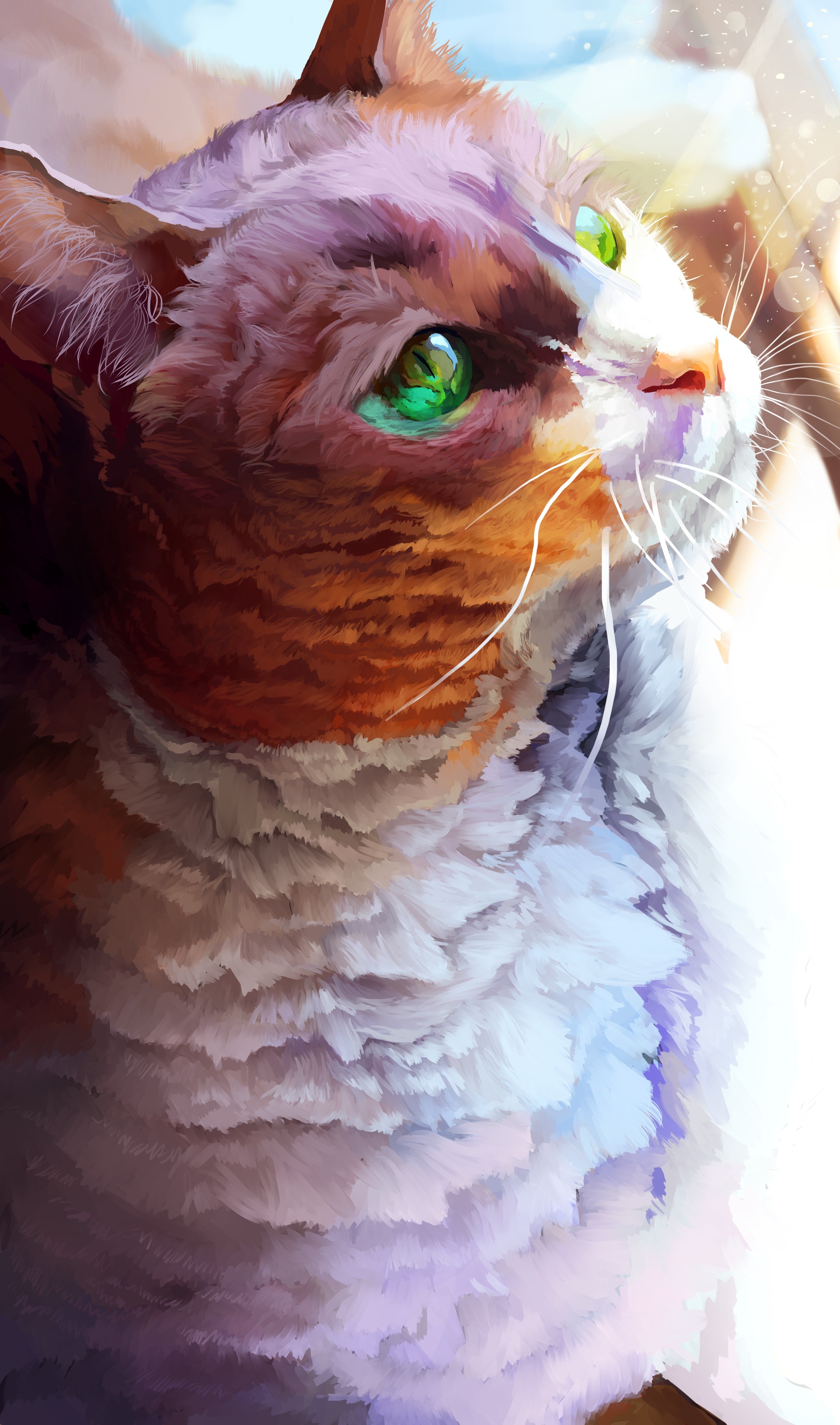 Close-up painting of a calico cat with green eyes HD Phone Wallpaper