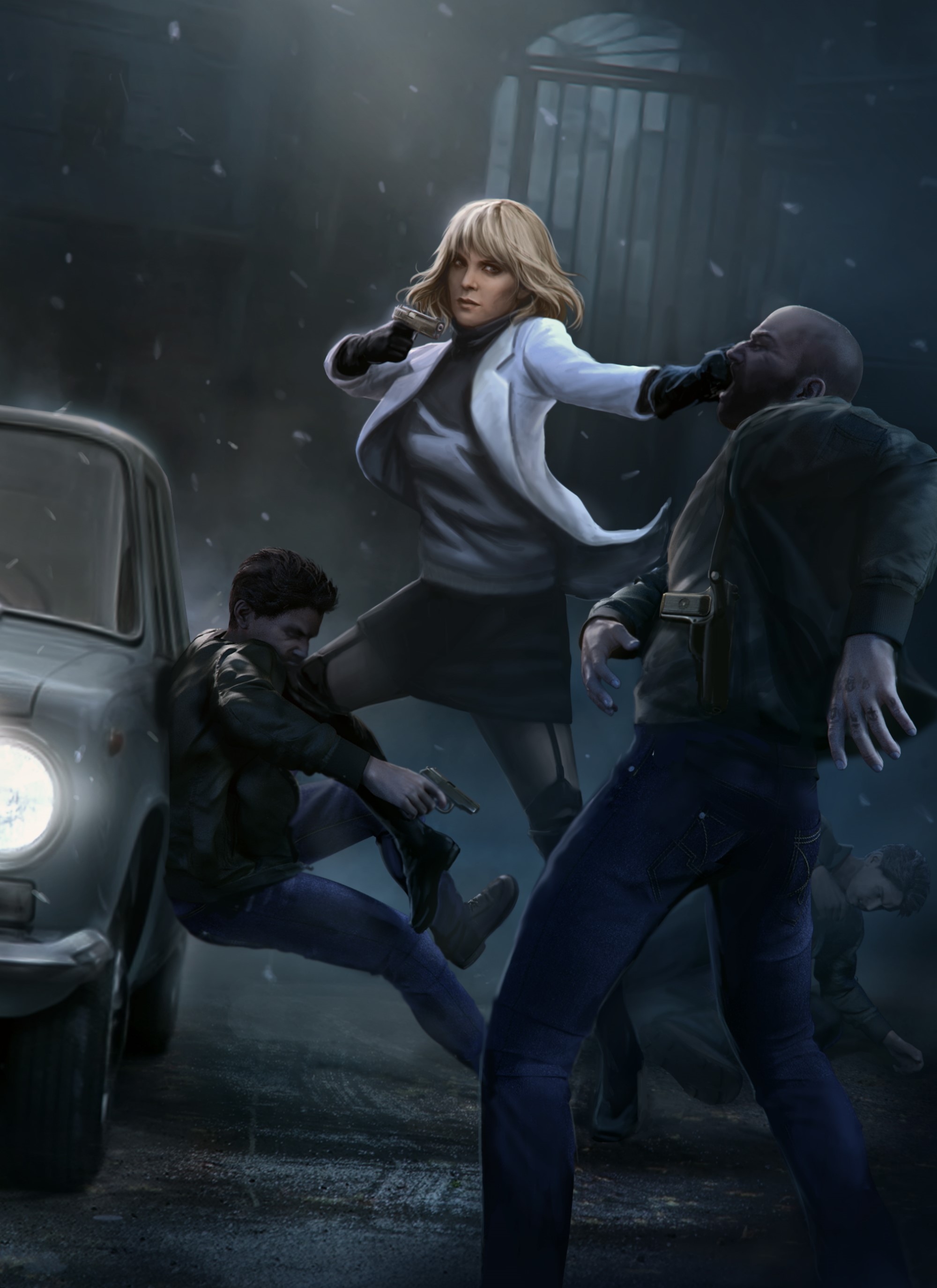 Atomic Blonde fan art: Woman fighting men near car HD Phone Wallpaper