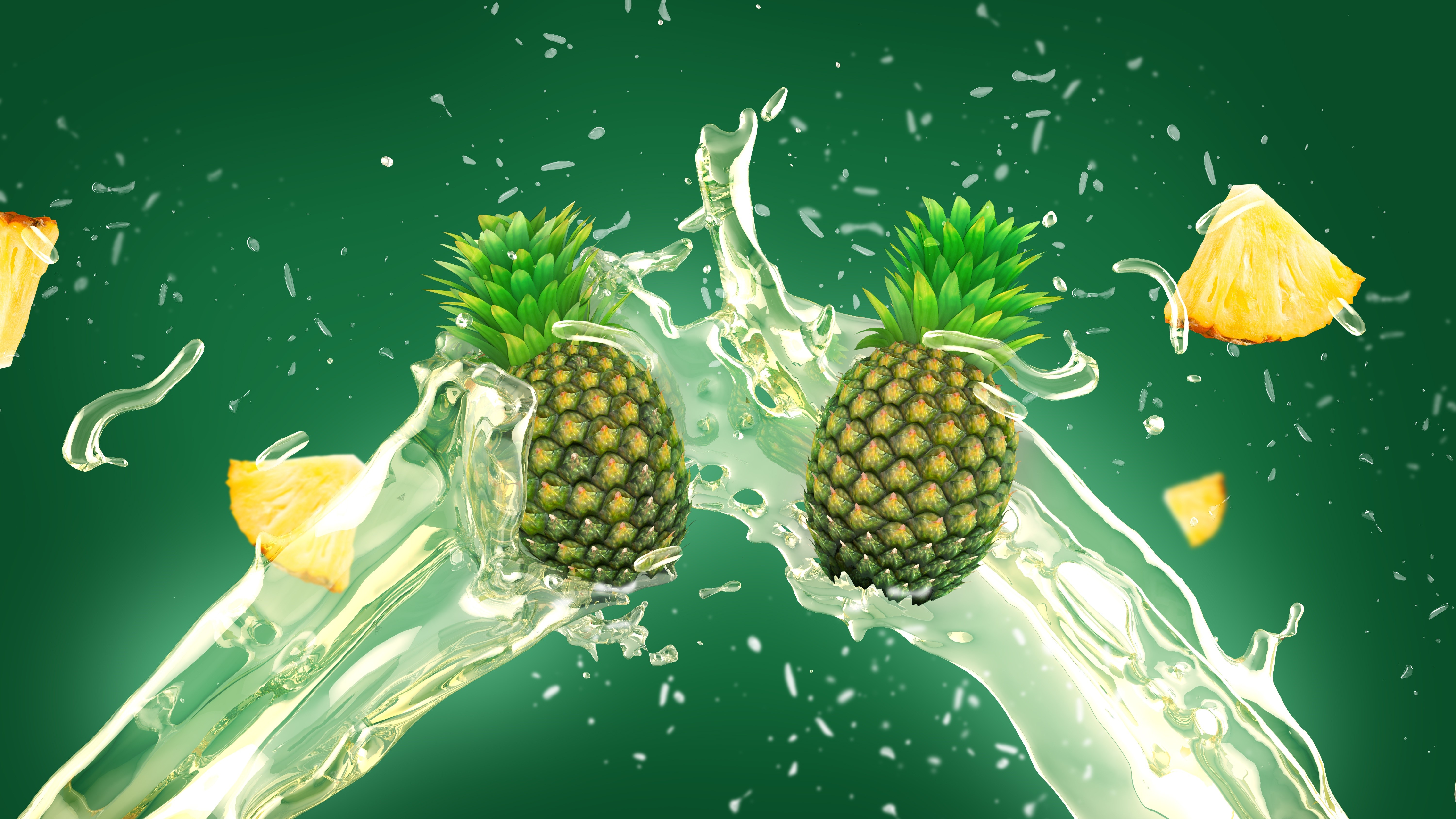 Pineapples splashing in water HD Wallpaper