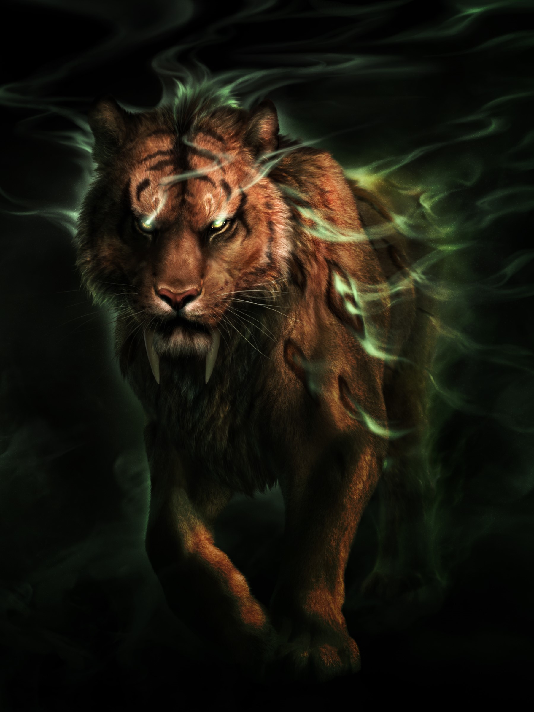 Sabertooth tiger with green smoke HD Phone Wallpaper