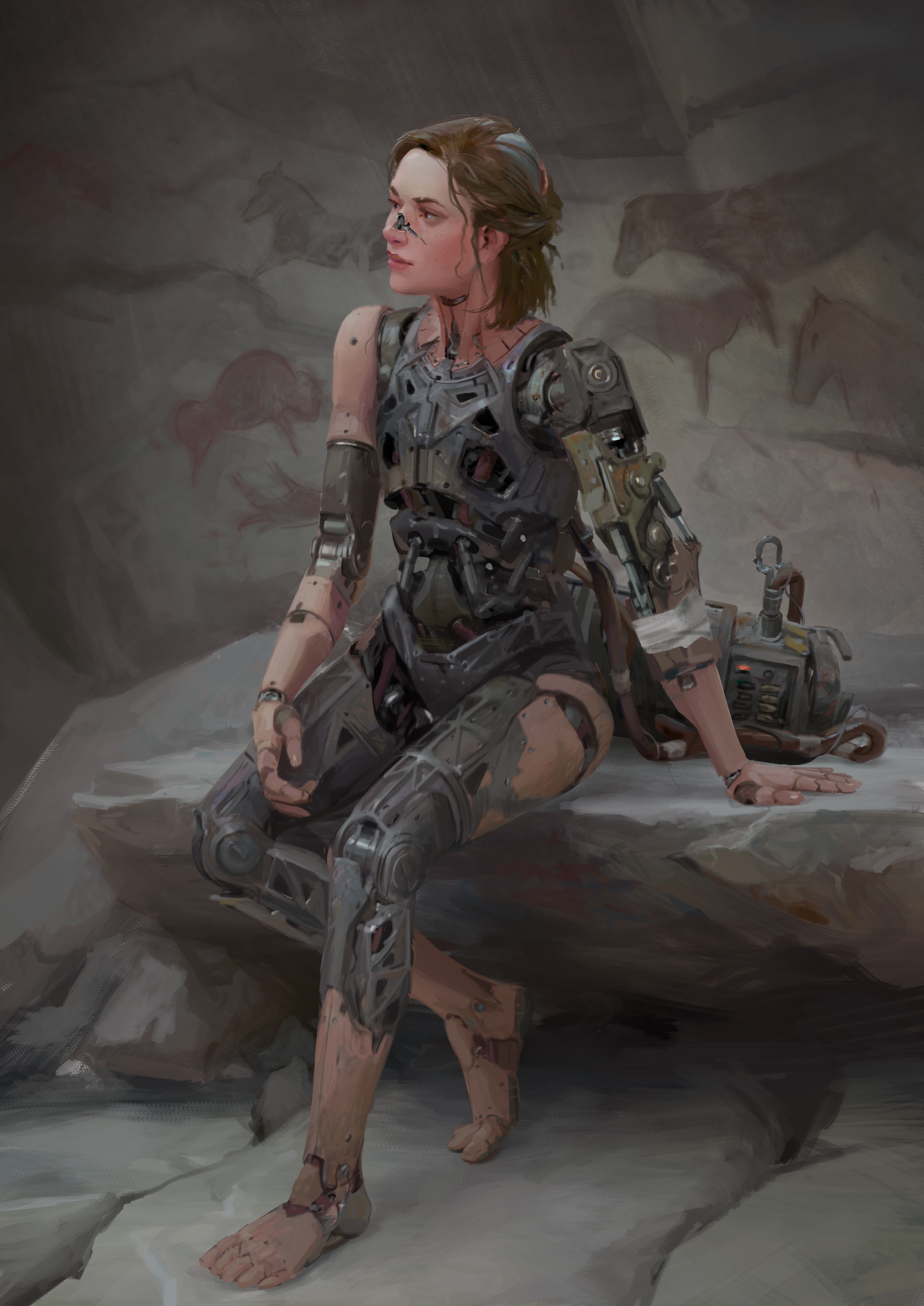 Cyborg woman sitting on rocks with cave paintings HD Phone Wallpaper