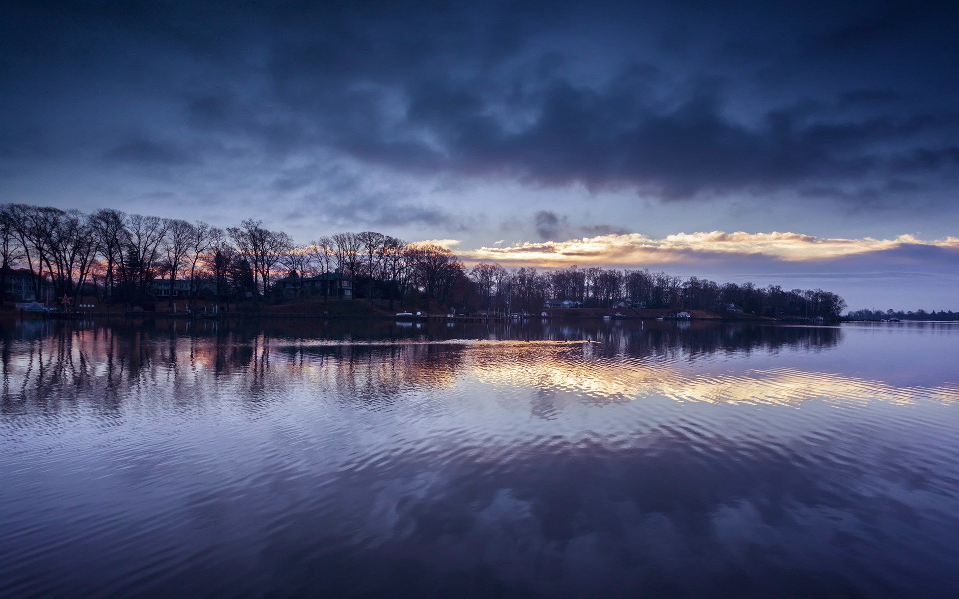 Lake with trees and cloudy sky at dusk HD Wallpaper