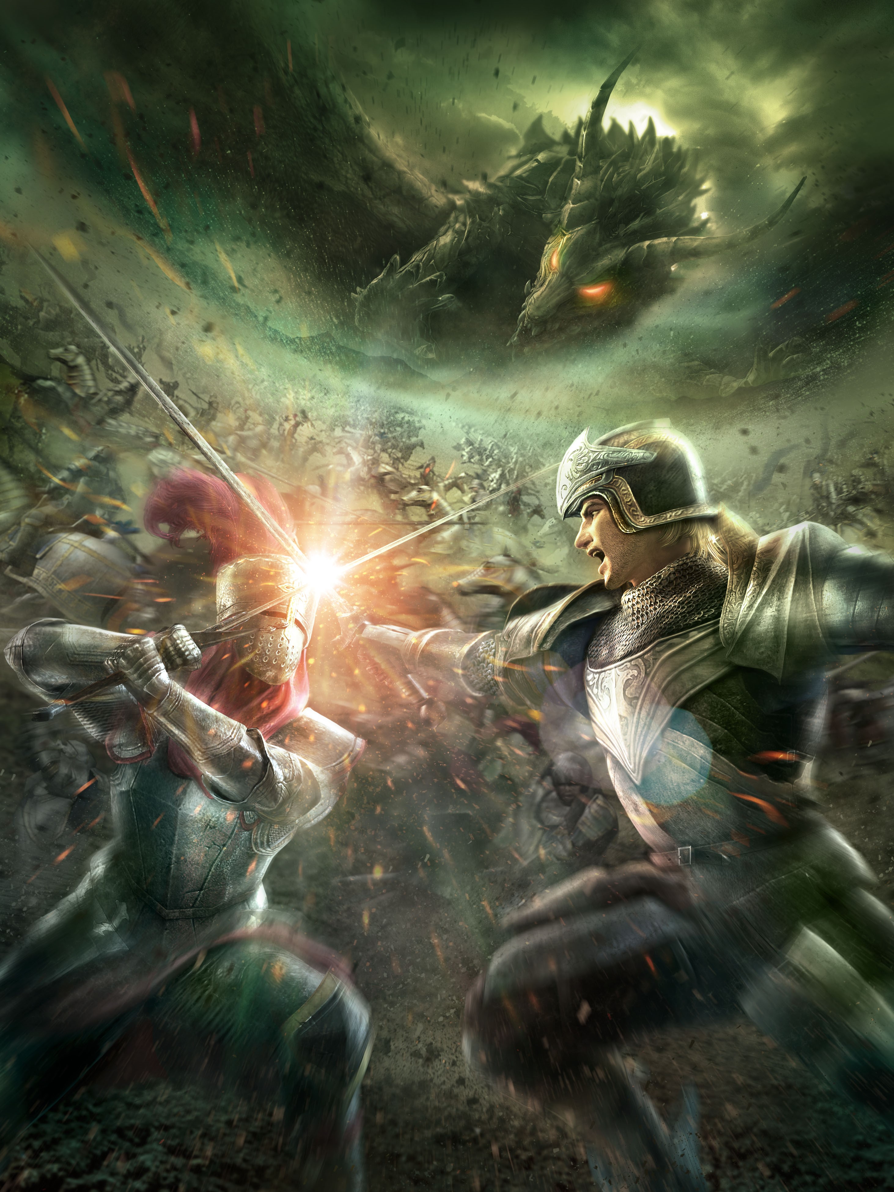 Knights battling a dragon in a war HD Phone Wallpaper