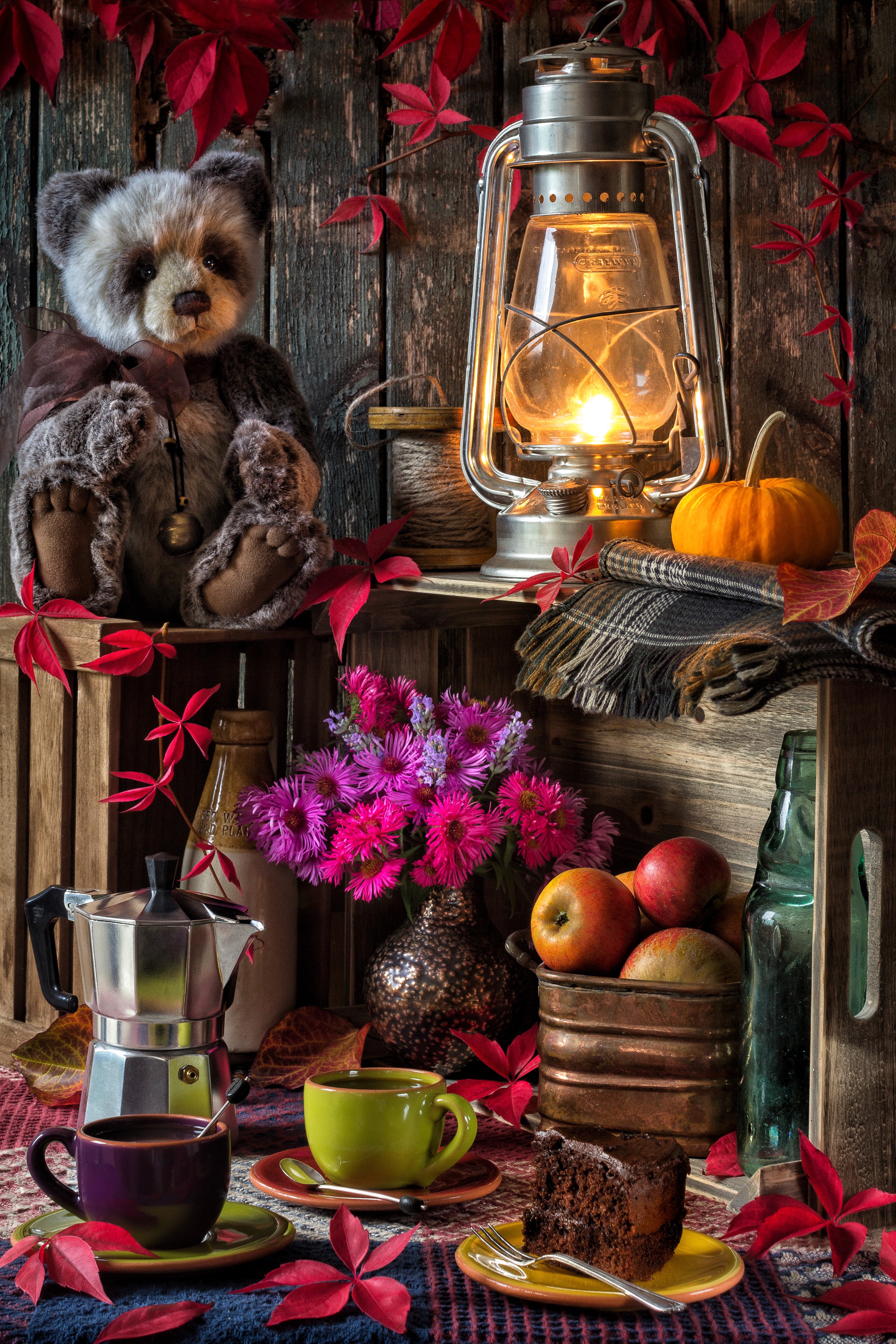 Still life with teddy bear, lantern, and coffee HD Phone Wallpaper