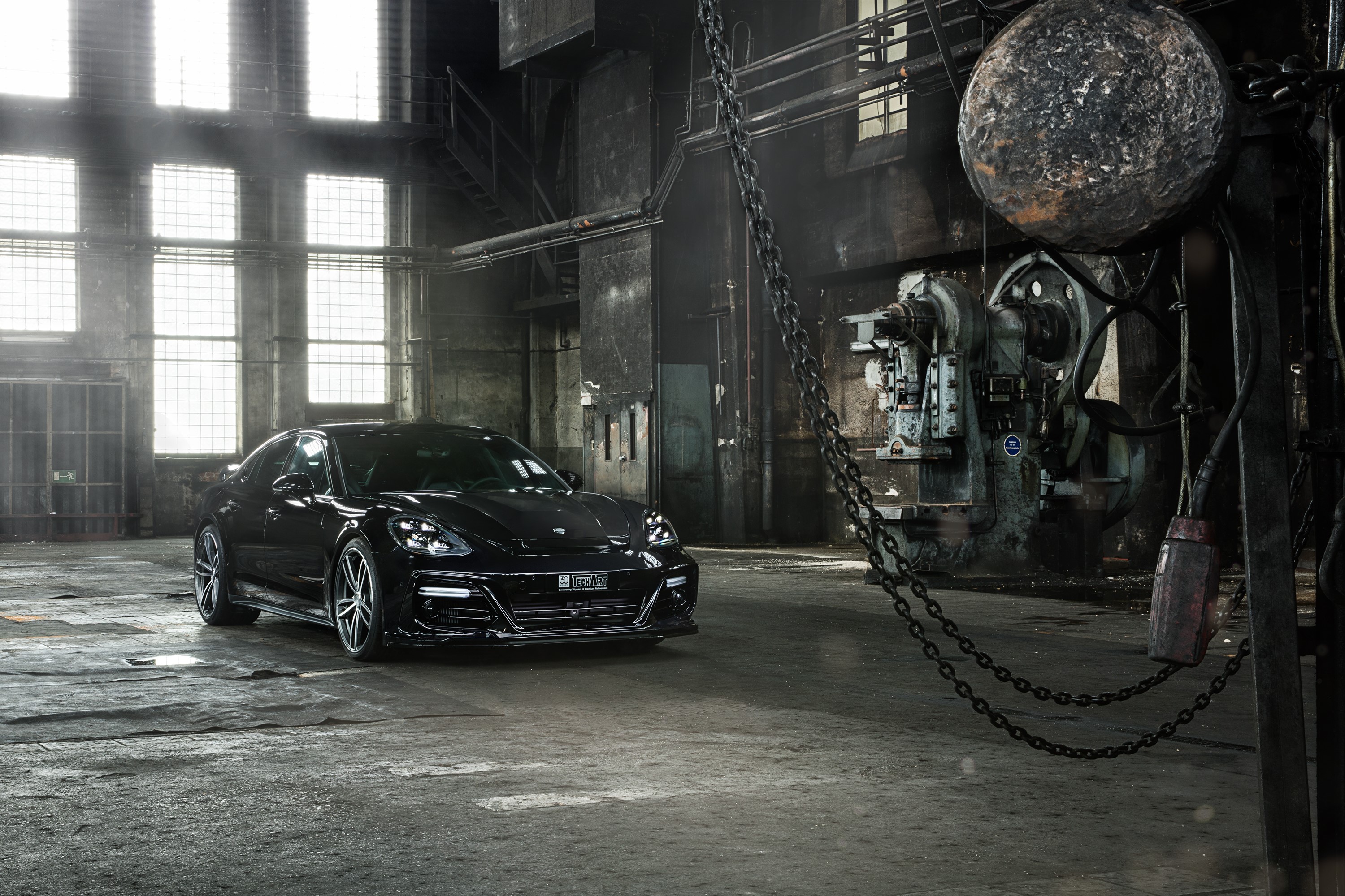 2017 TechArt Panamera Grand GT in a dark industrial setting HD Wallpaper
