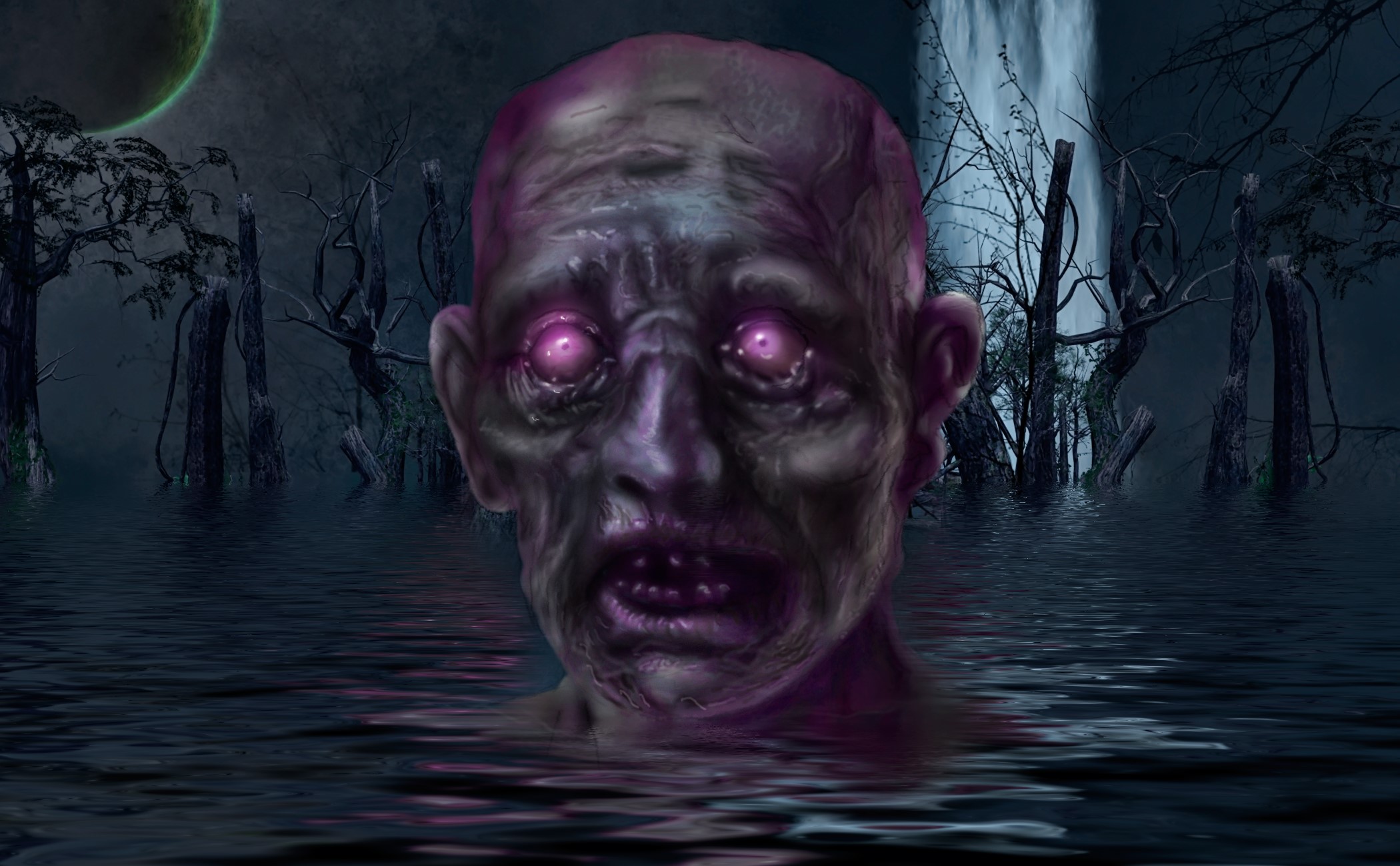 Zombie head emerging from dark water with glowing eyes HD Wallpaper