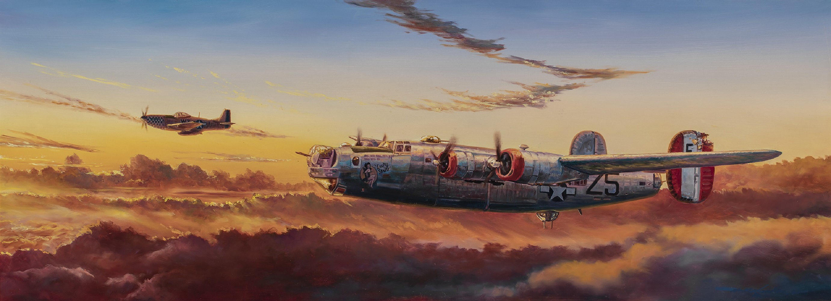Consolidated B-24 Liberator and P-51 Mustang in flight HD Wallpaper