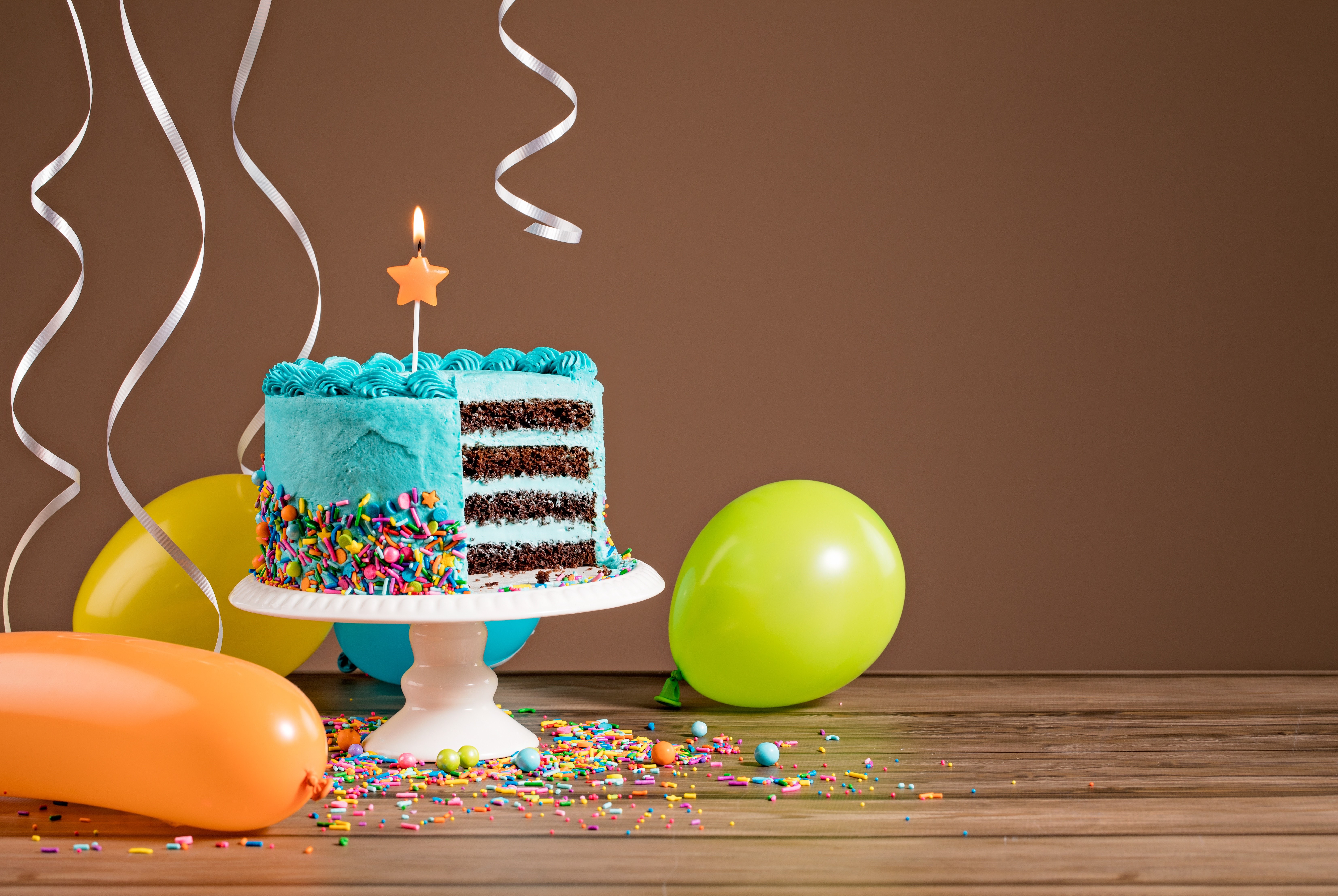 Birthday Cake with Candle and Balloons HD Wallpaper