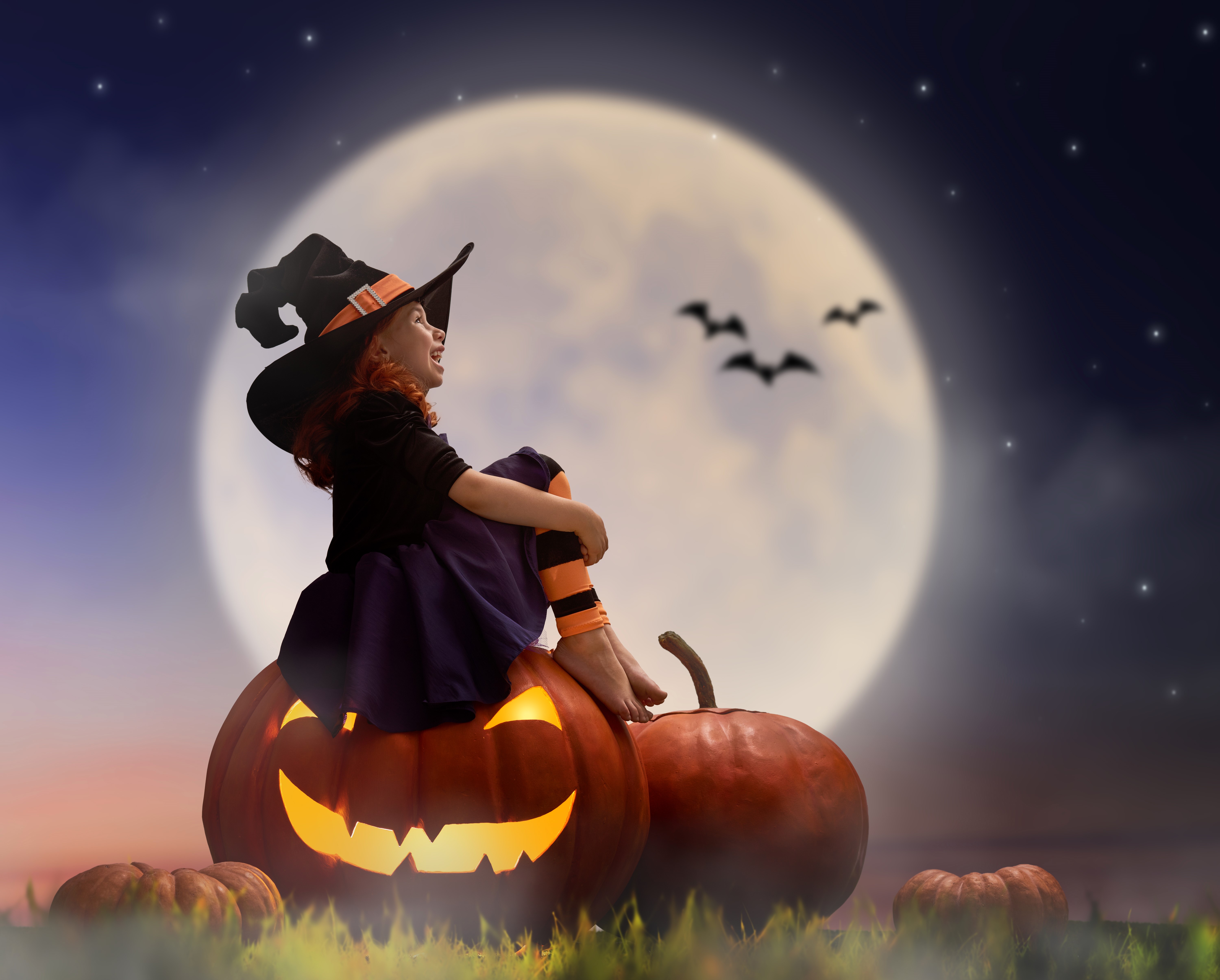Girl in Witch Hat Sitting on Pumpkin Under Moon HD Wallpaper