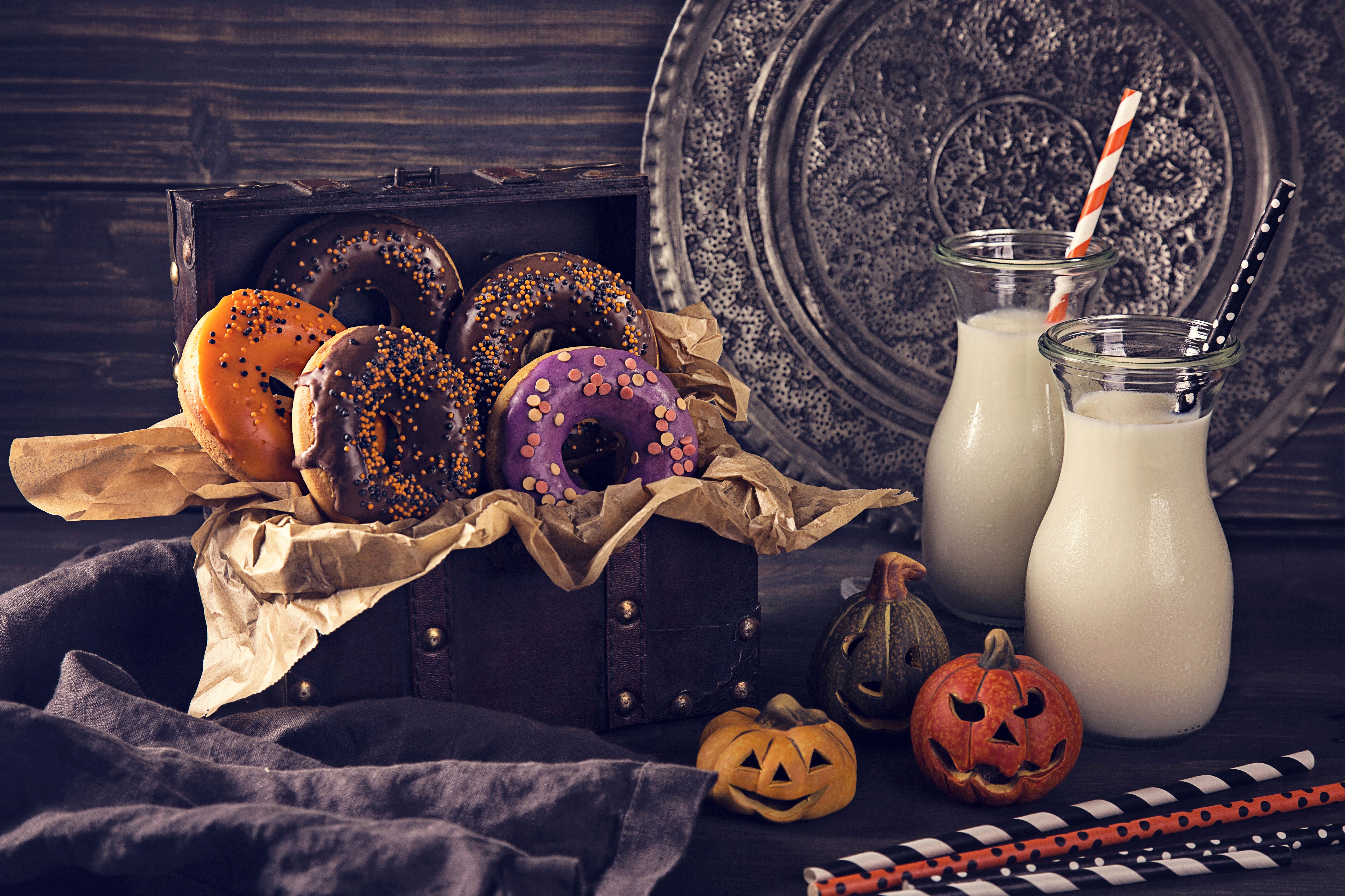Halloween donuts and milk with pumpkins HD Wallpaper