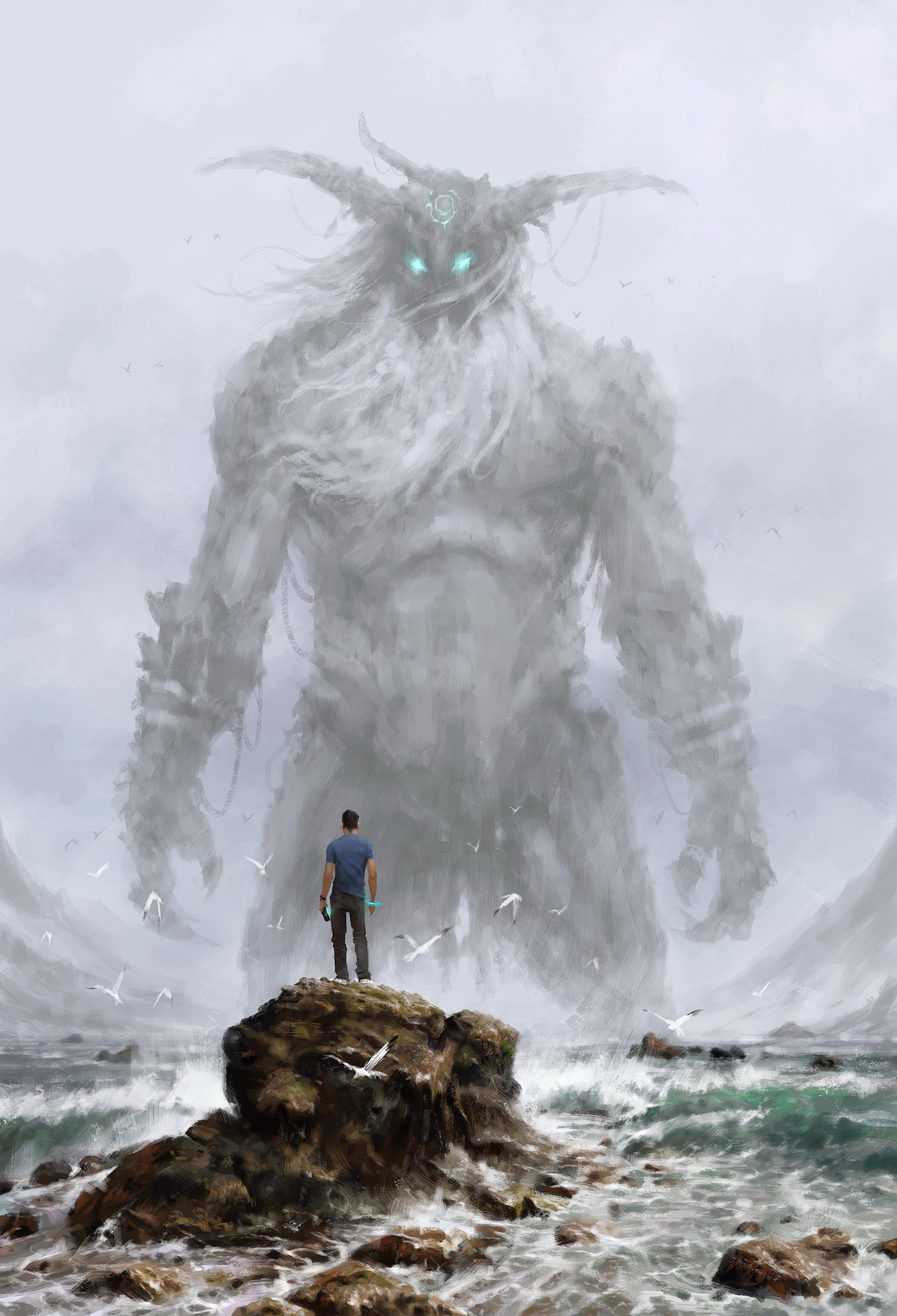 Giant monster and a man on a rocky shore HD Phone Wallpaper