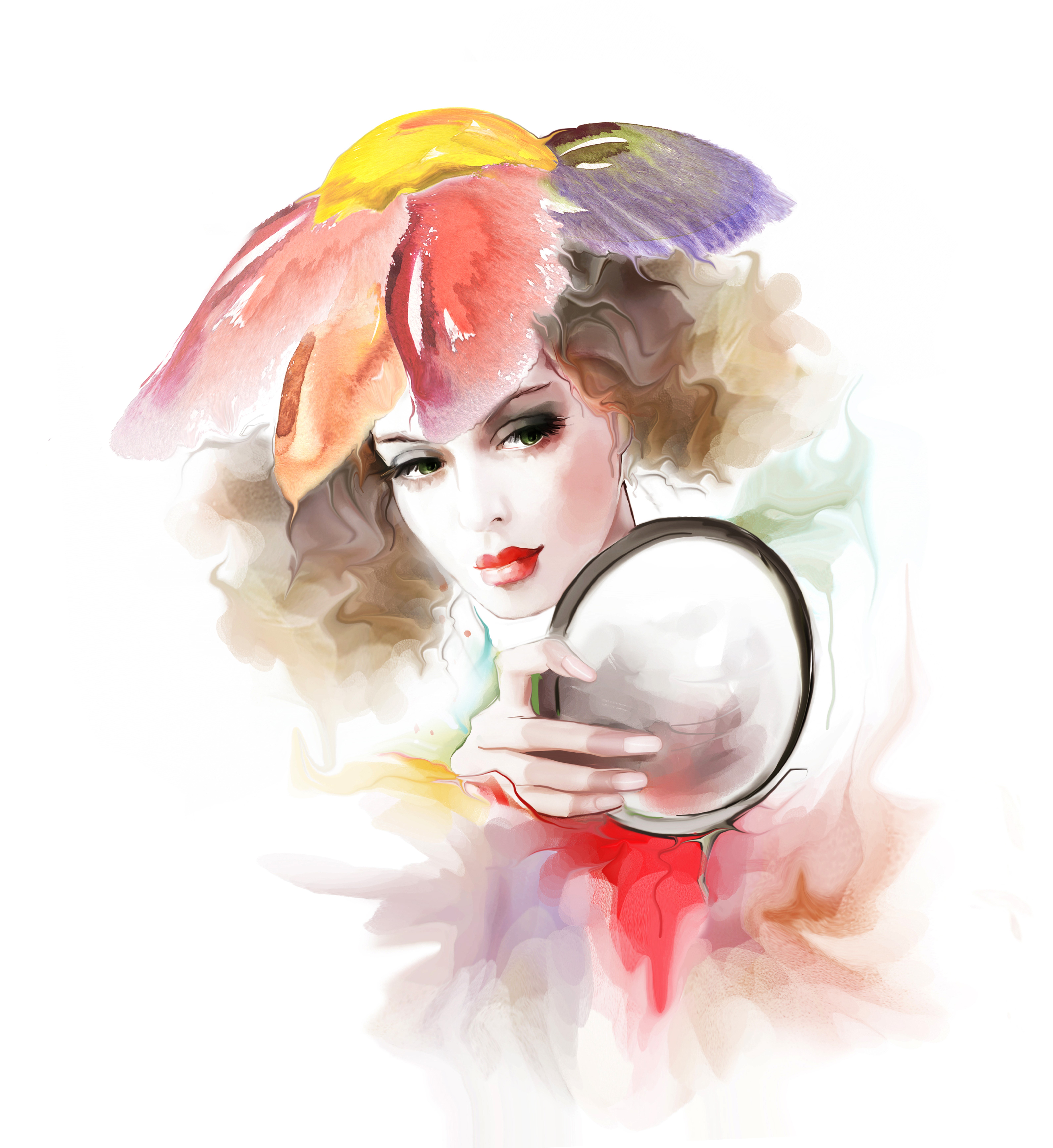 Woman with Flower Hat Holding Mirror HD Wallpaper