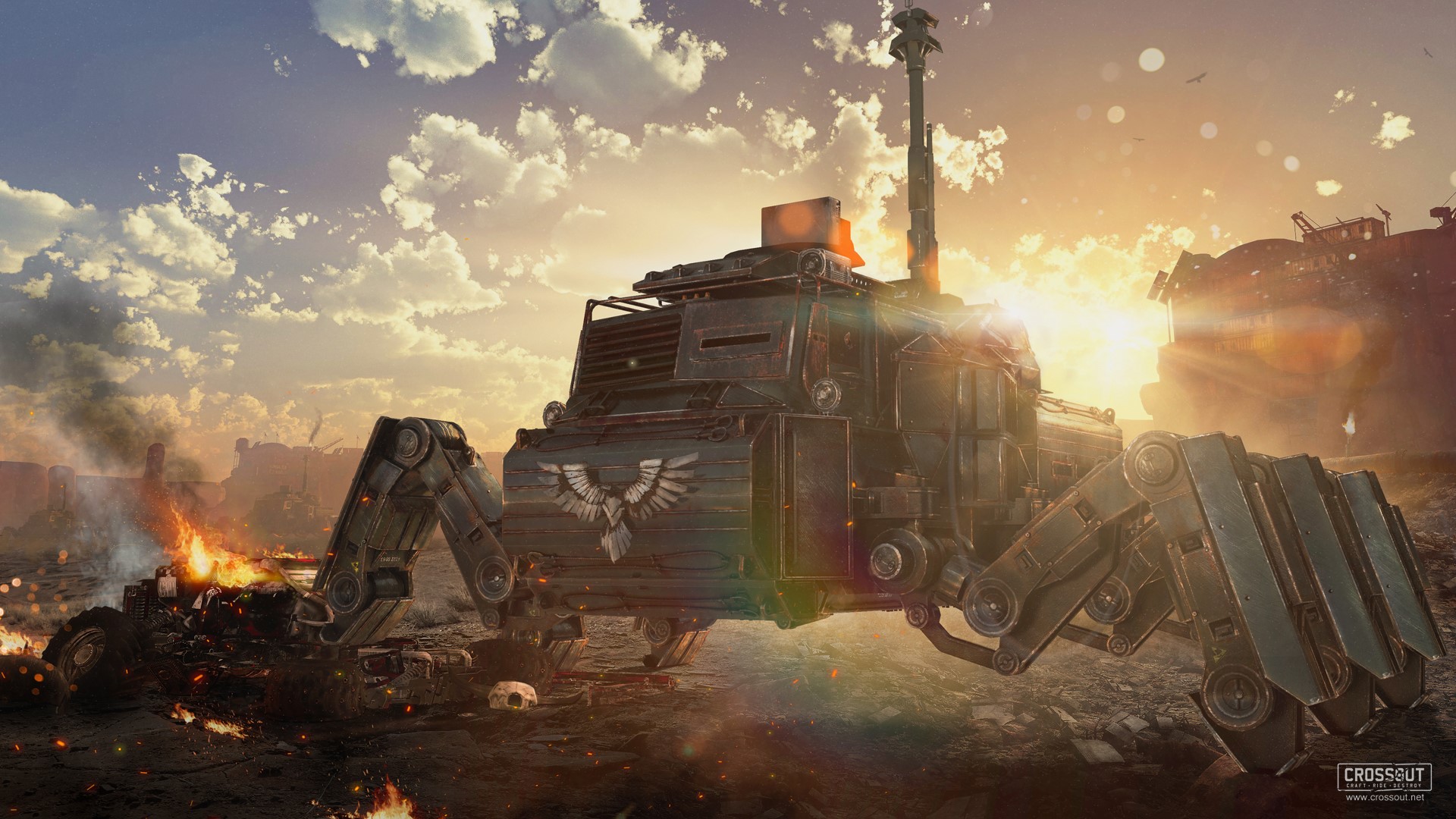 War Machine with Eagle Emblem in Post-Apocalyptic Landscape HD Wallpaper