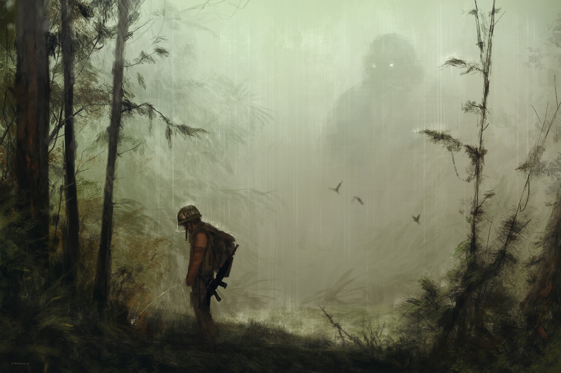Soldier in a foggy jungle with a giant ape HD Wallpaper