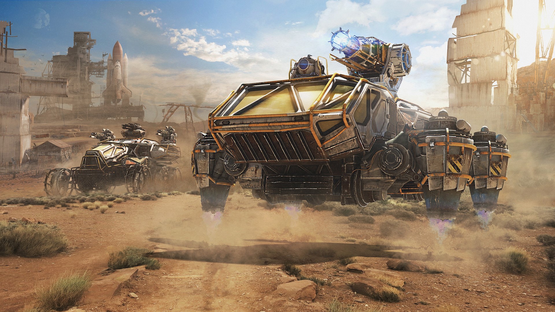 Post-apocalyptic vehicles in a desert landscape HD Wallpaper