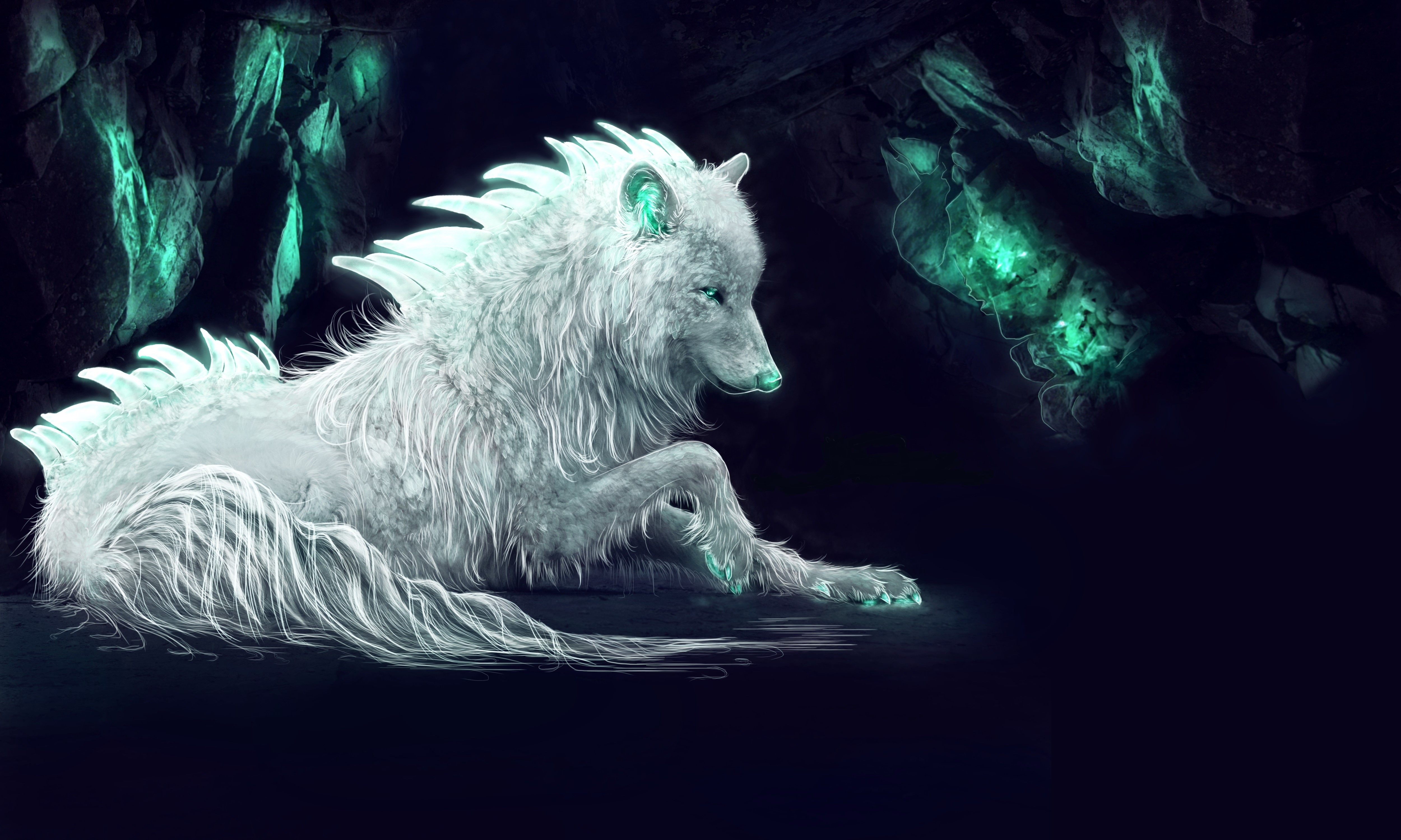 Painting Art of a Glowing White Wolf in a Cave HD Wallpaper