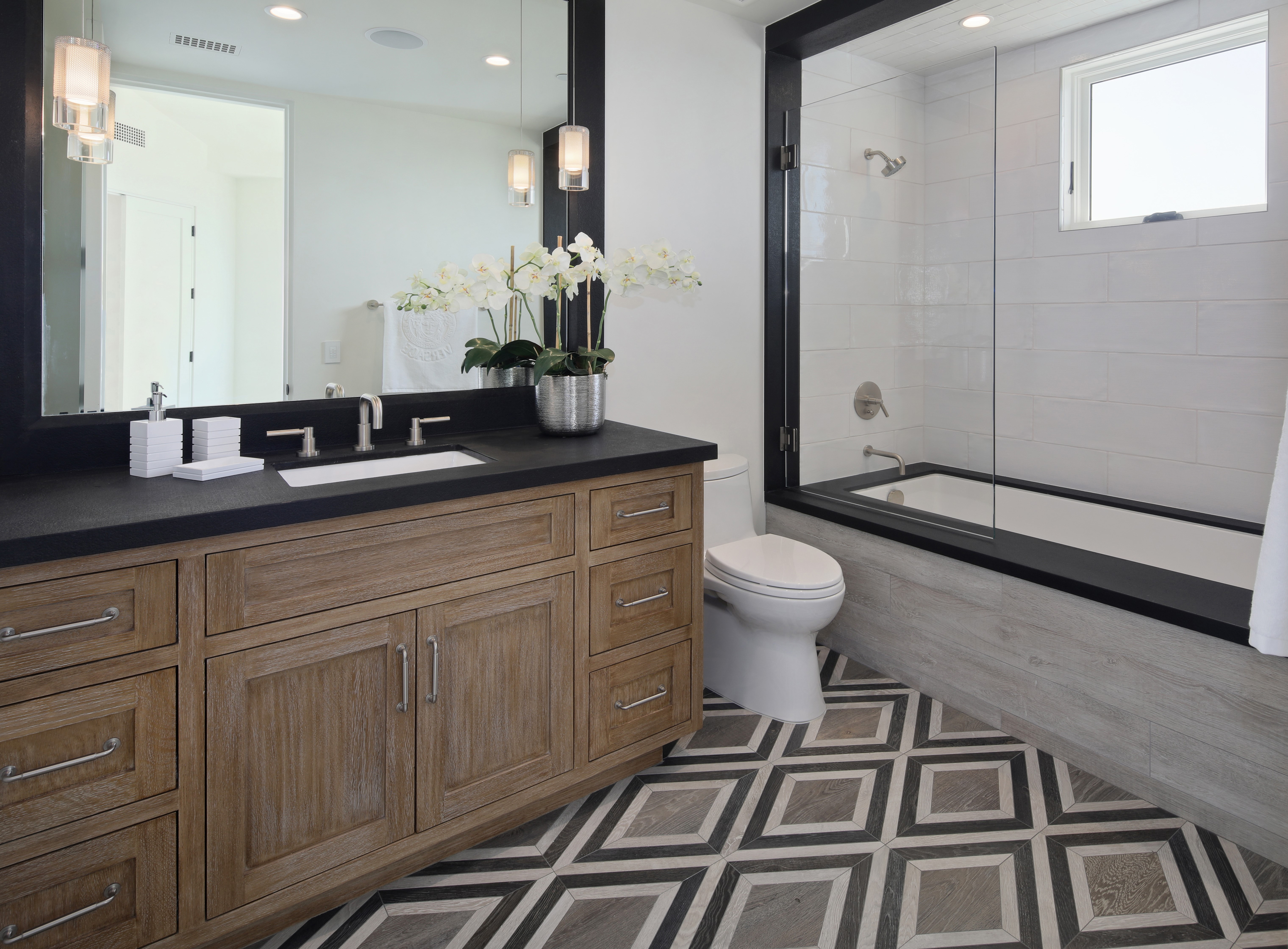 Modern Bathroom with Vanity and Bathtub HD Wallpaper