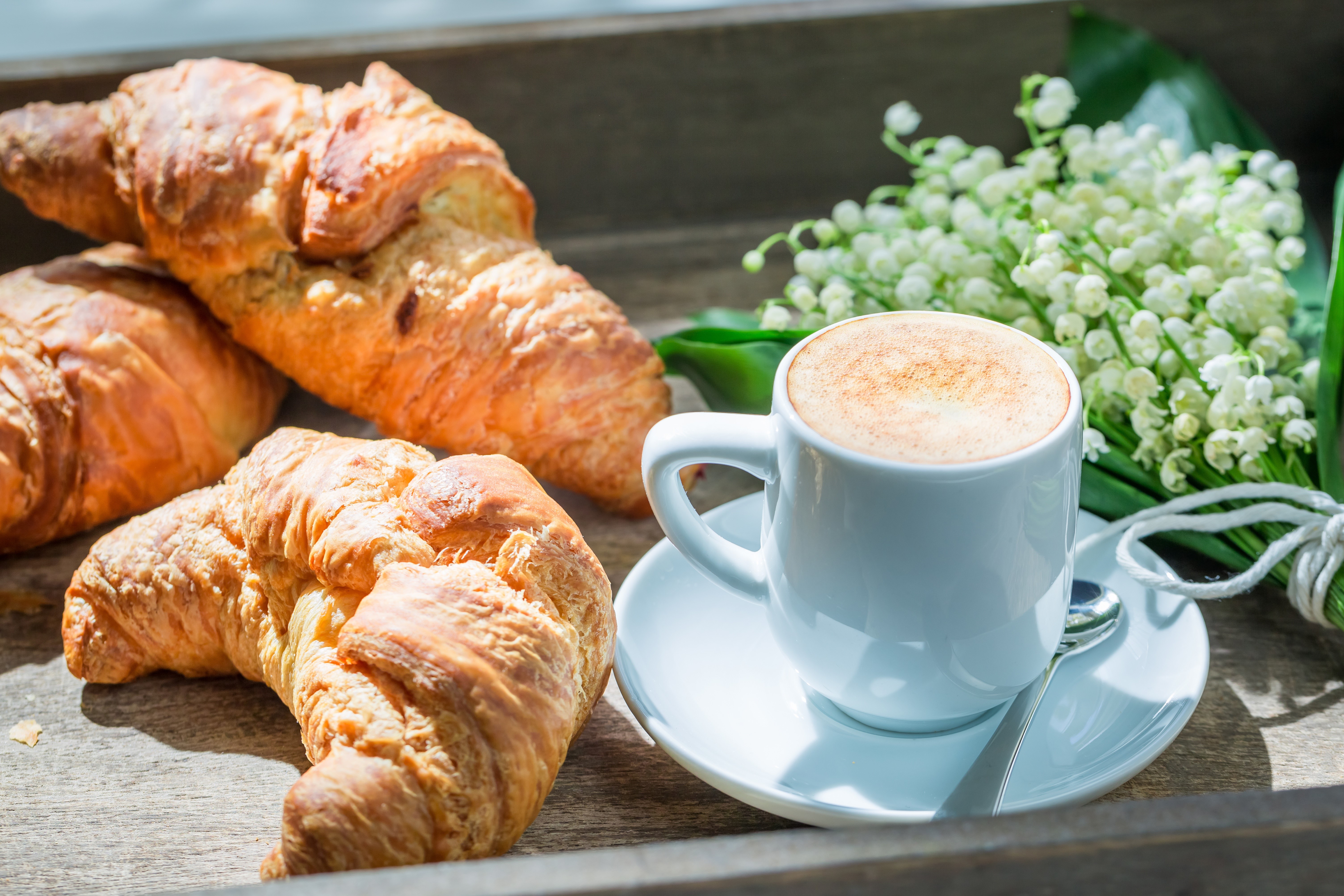 Coffee and croissants with lily of the valley HD Wallpaper