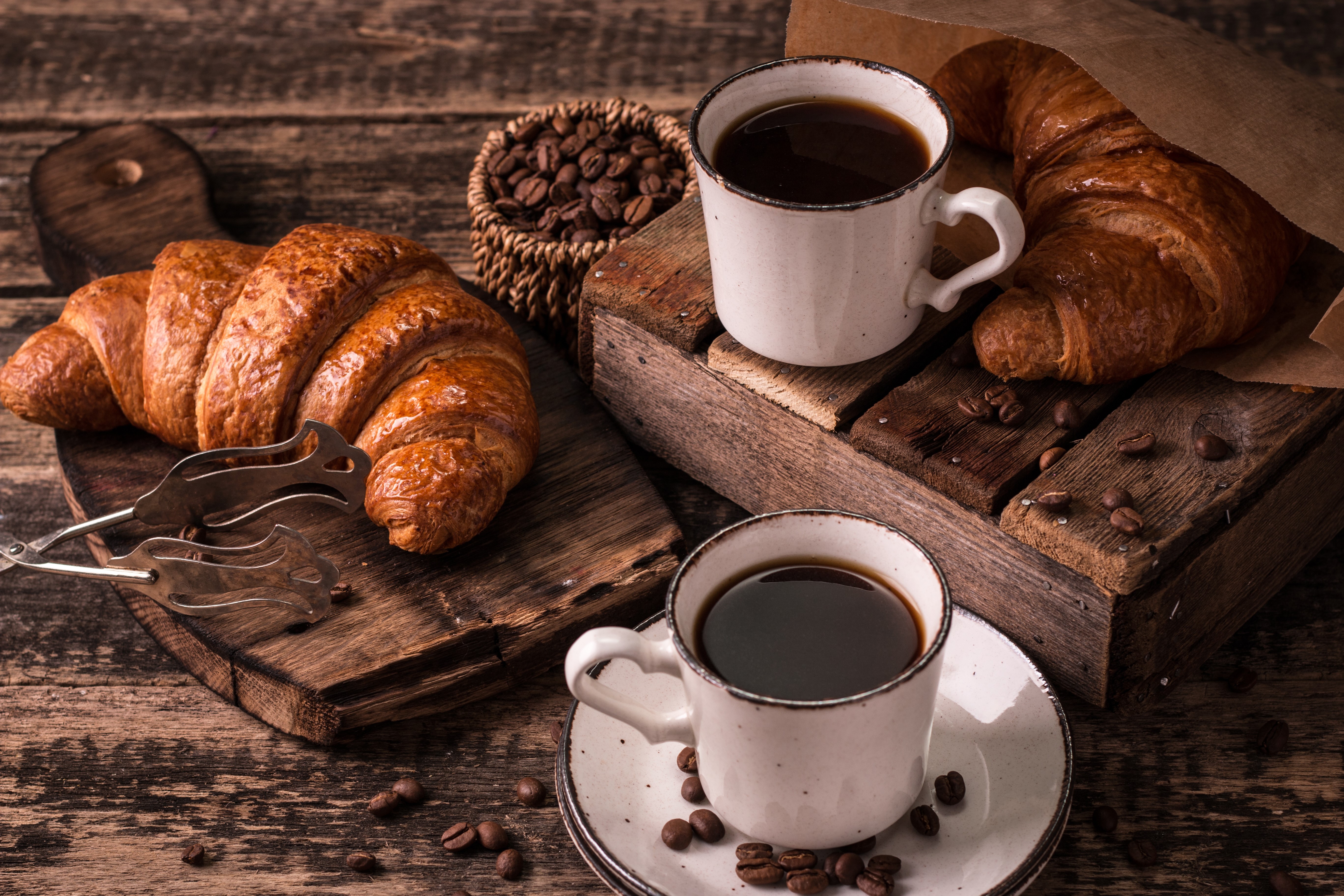 Coffee and Croissants on a Wooden Table HD Wallpaper