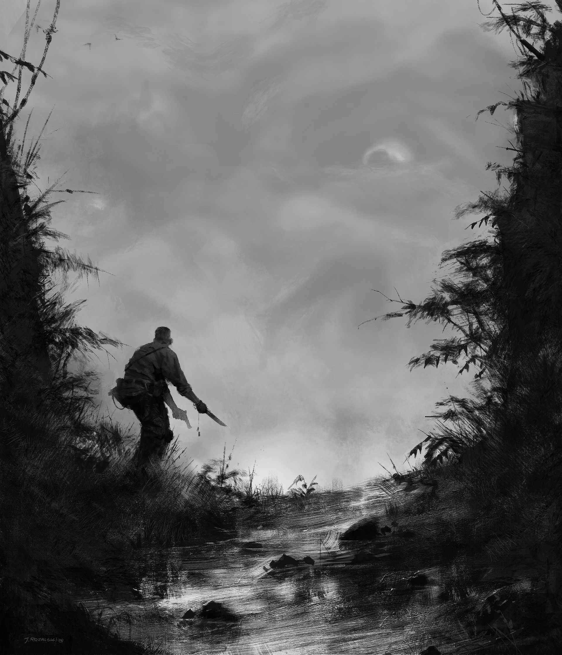 Man with knife in a dark forest HD Wallpaper