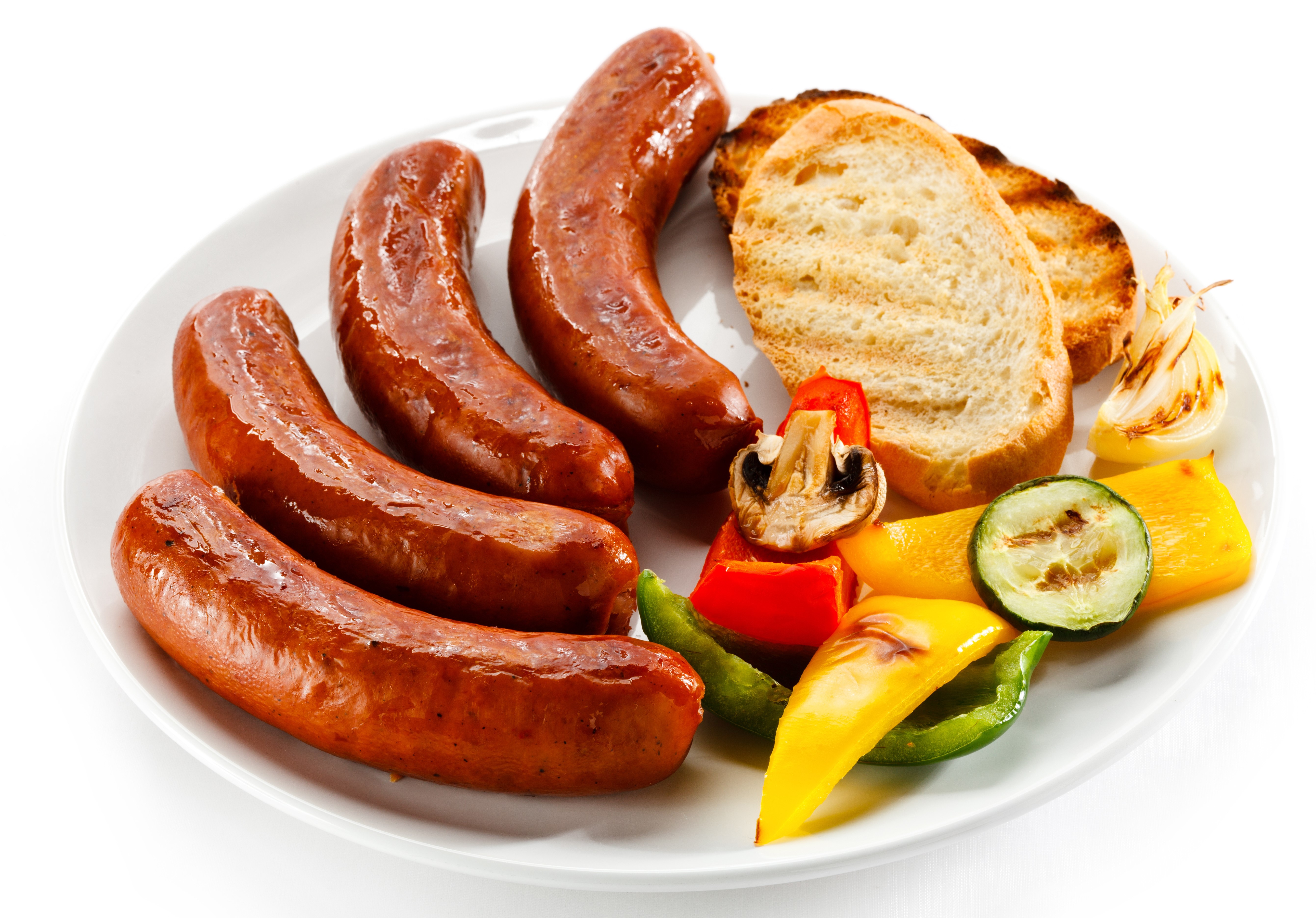 Sausages with bread and grilled vegetables on a plate HD Wallpaper