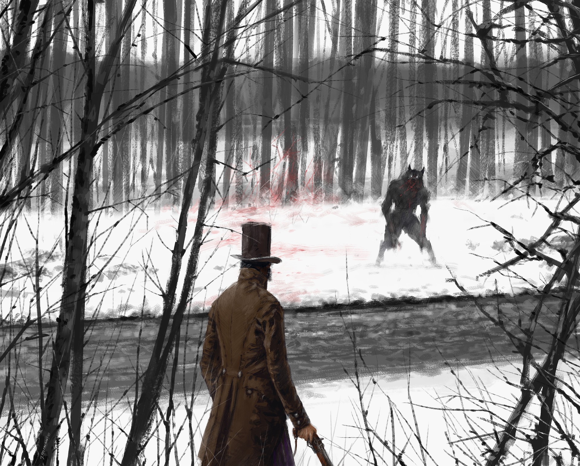 Man in top hat confronts werewolf in snowy forest HD Wallpaper