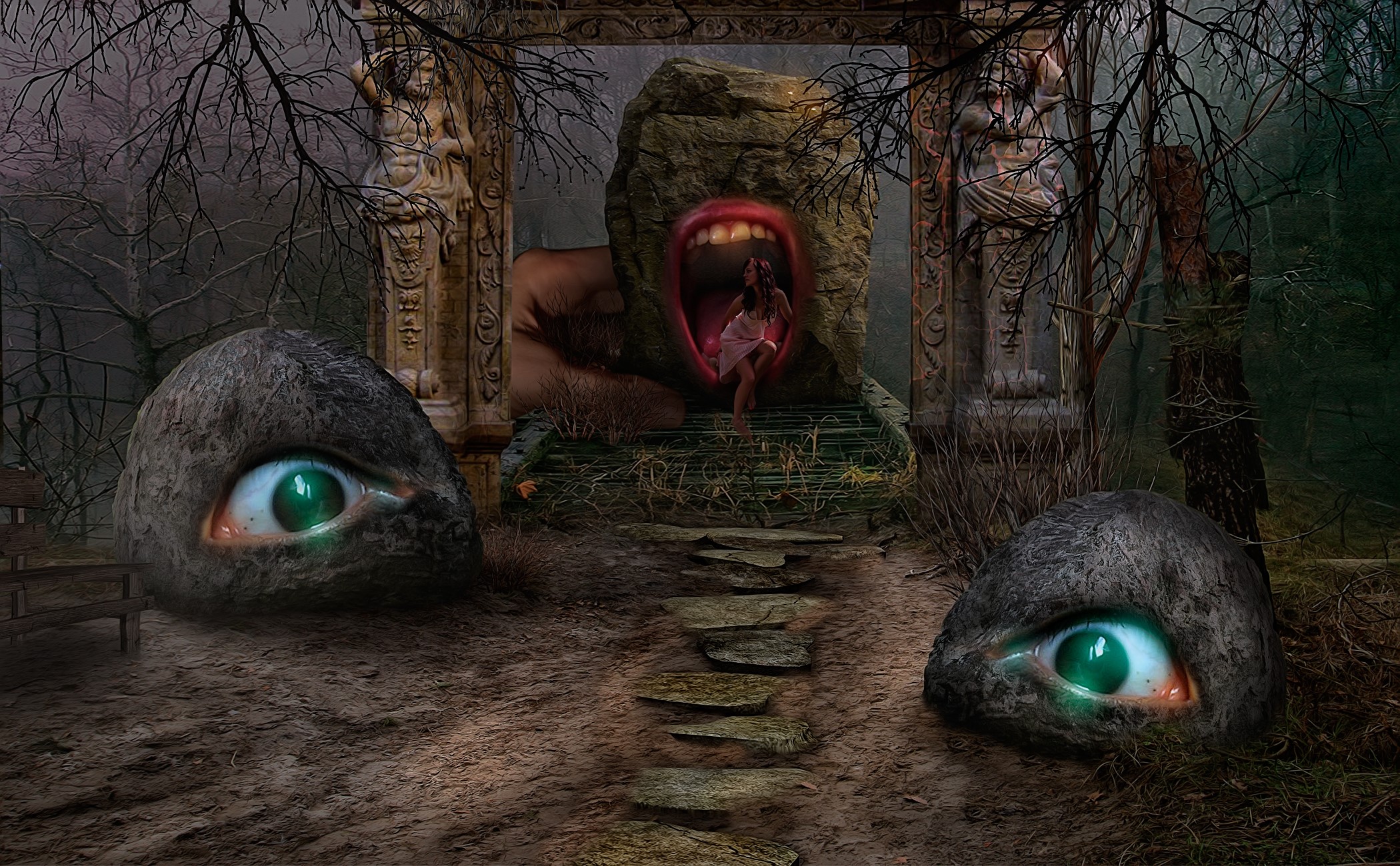 Surreal scene with giant eyes and a mouth rock HD Wallpaper