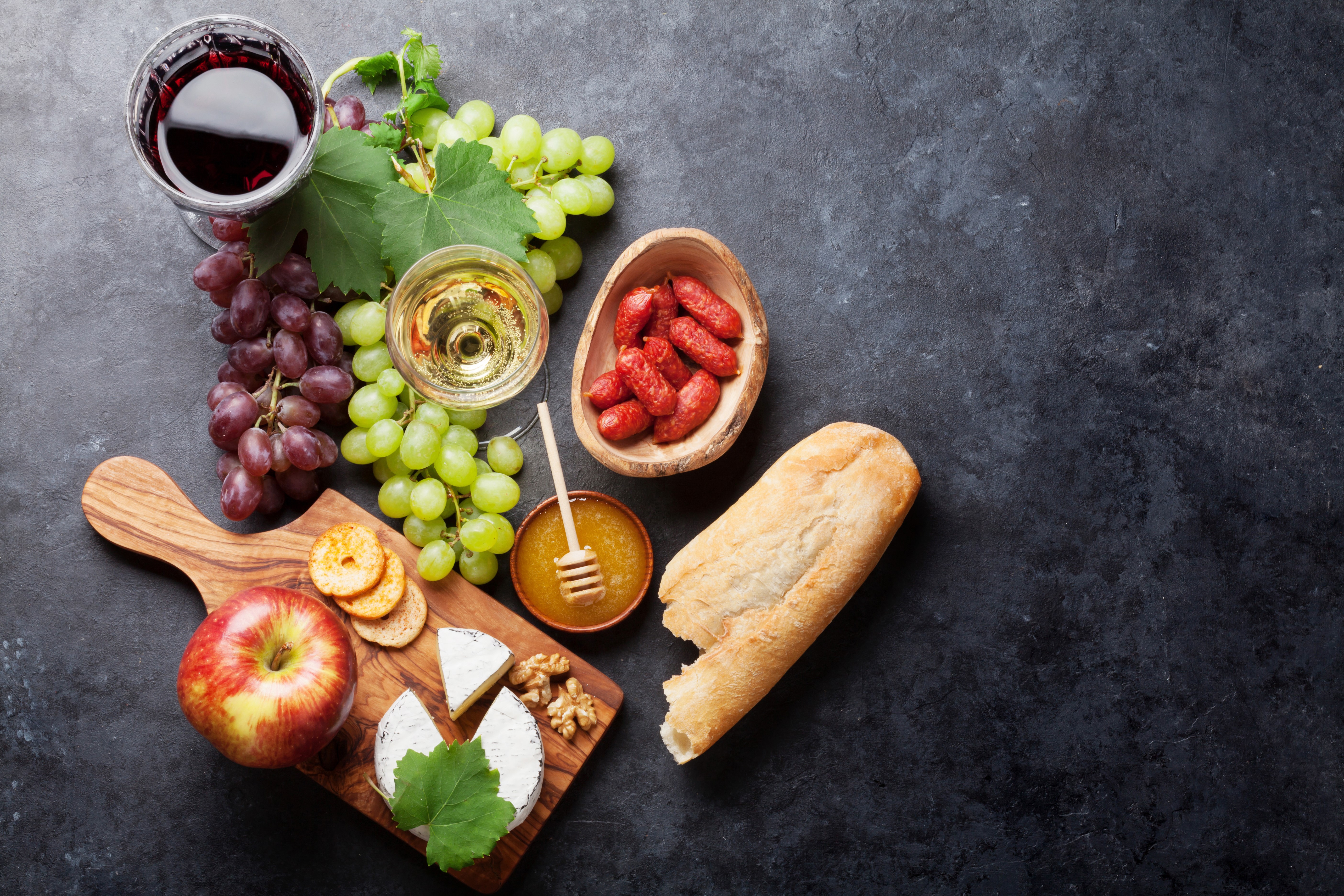 Cheese, Grapes, Wine, and Charcuterie HD Wallpaper