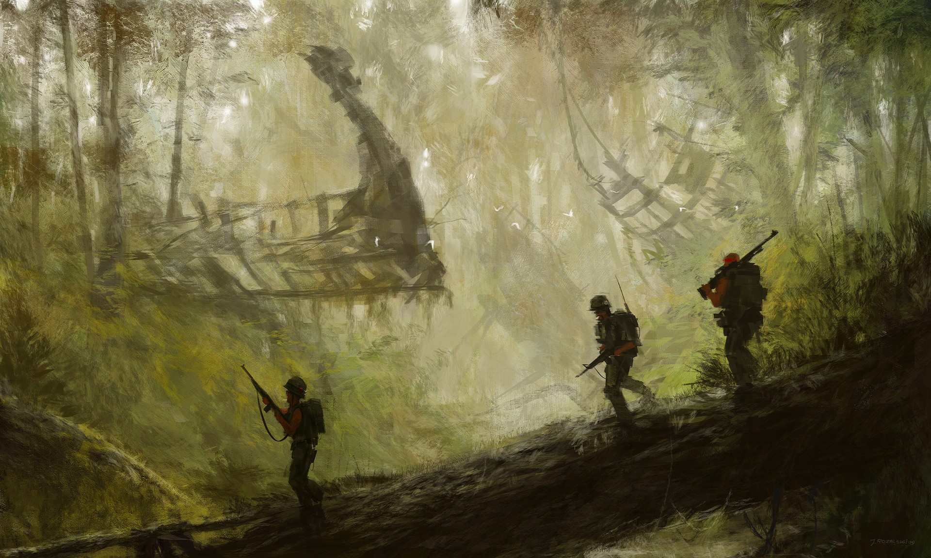 Soldiers in a jungle with wreckage from Kong: Skull Island HD Wallpaper