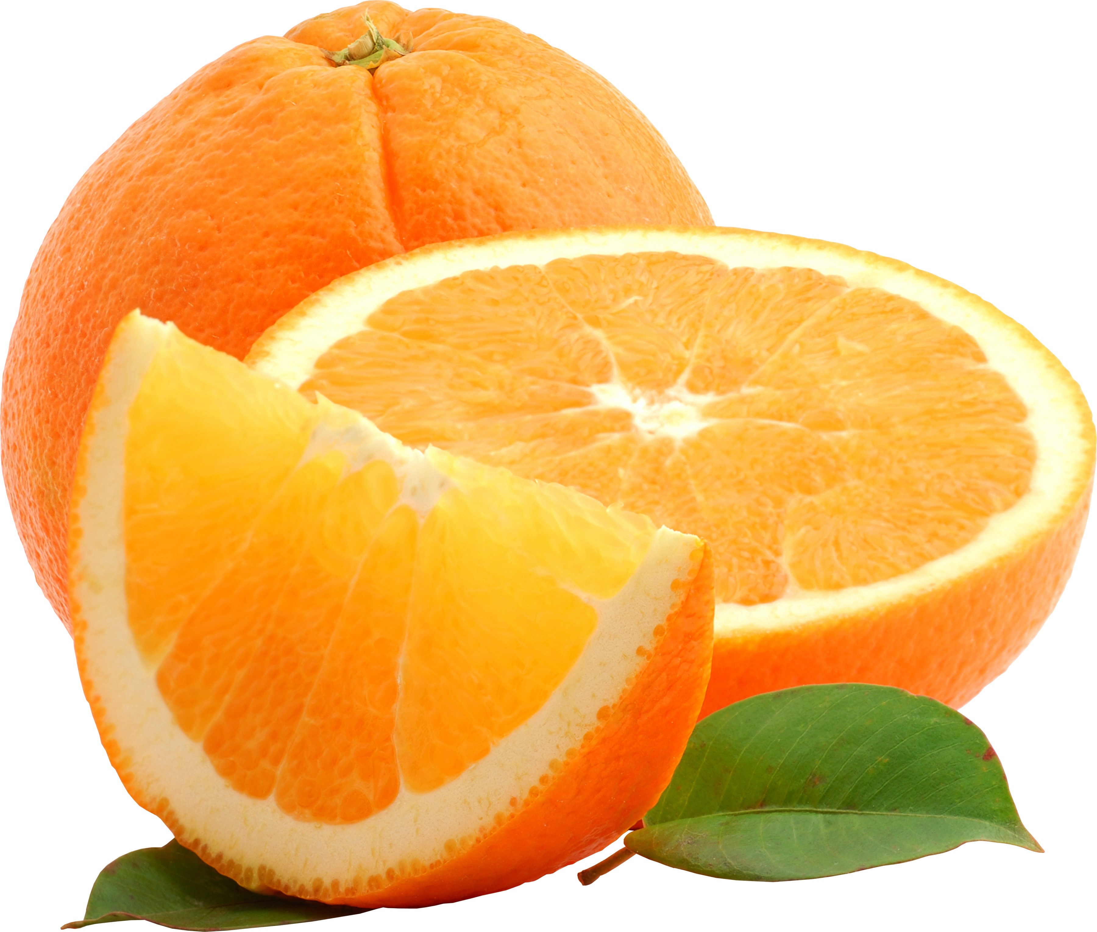 Whole and sliced oranges with leaves HD Wallpaper