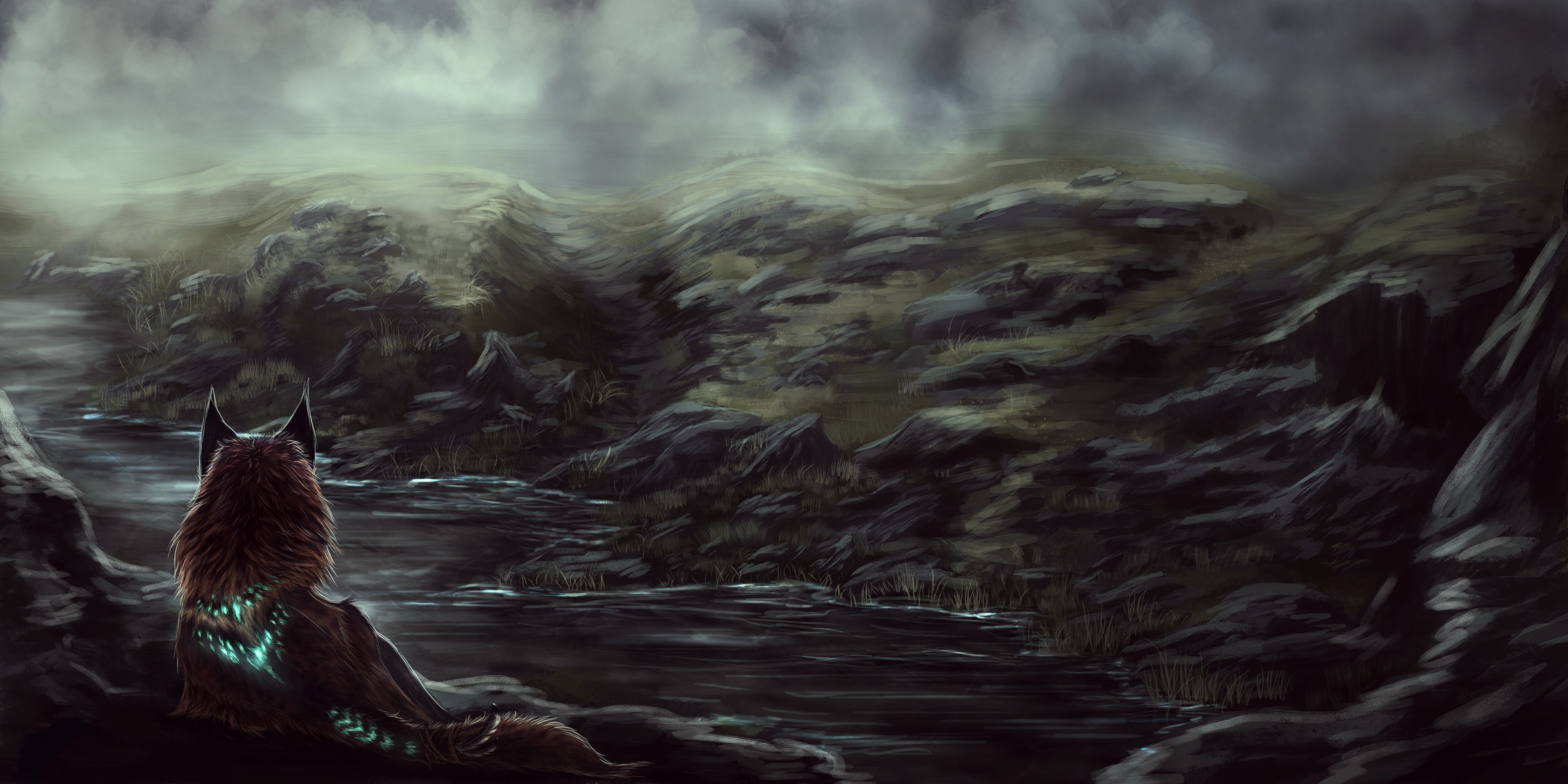Wolf with glowing markings in a misty landscape HD Wallpaper