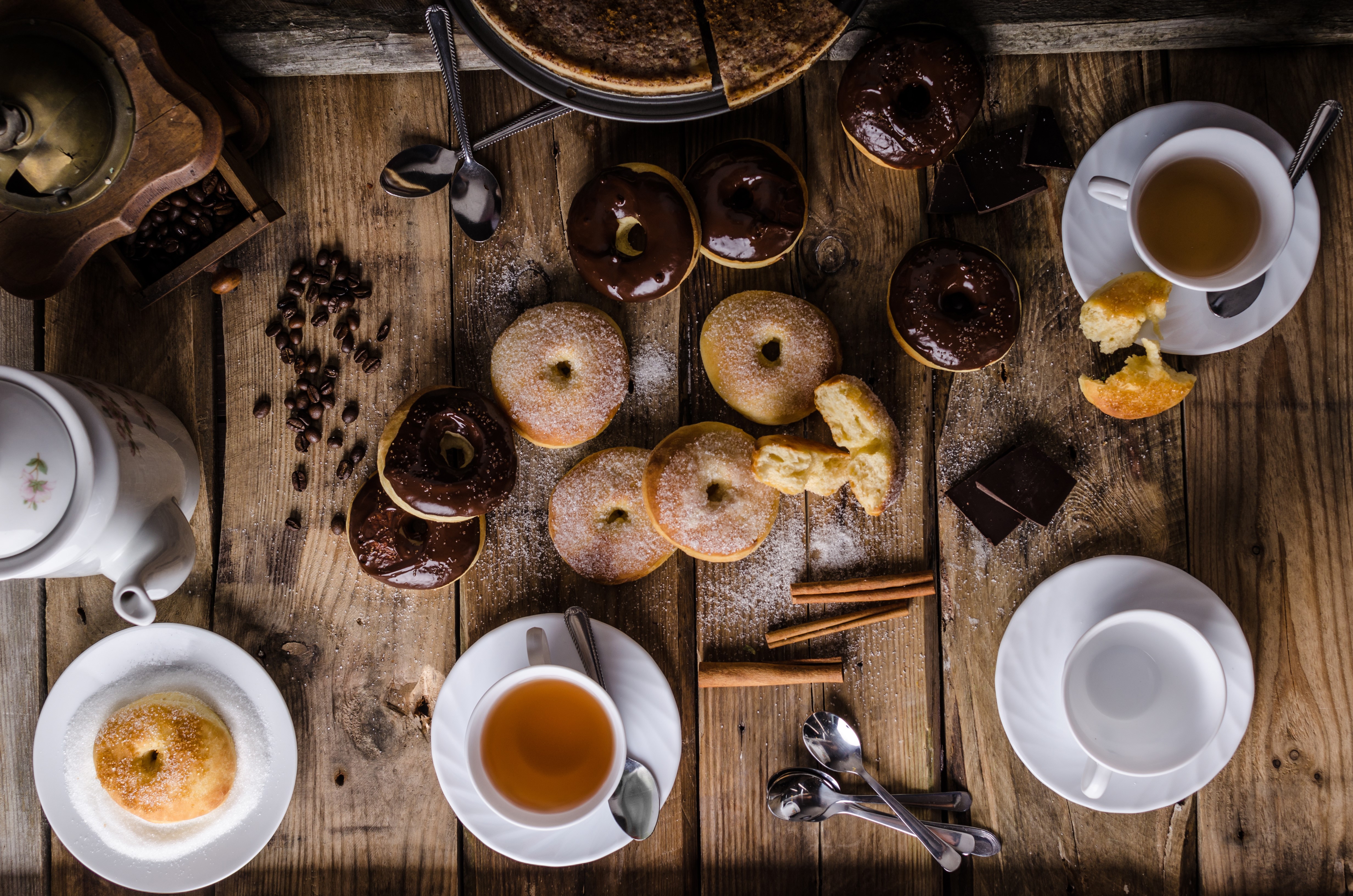 4K Tea and Donuts with Chocolate and Cinnamon HD Wallpaper