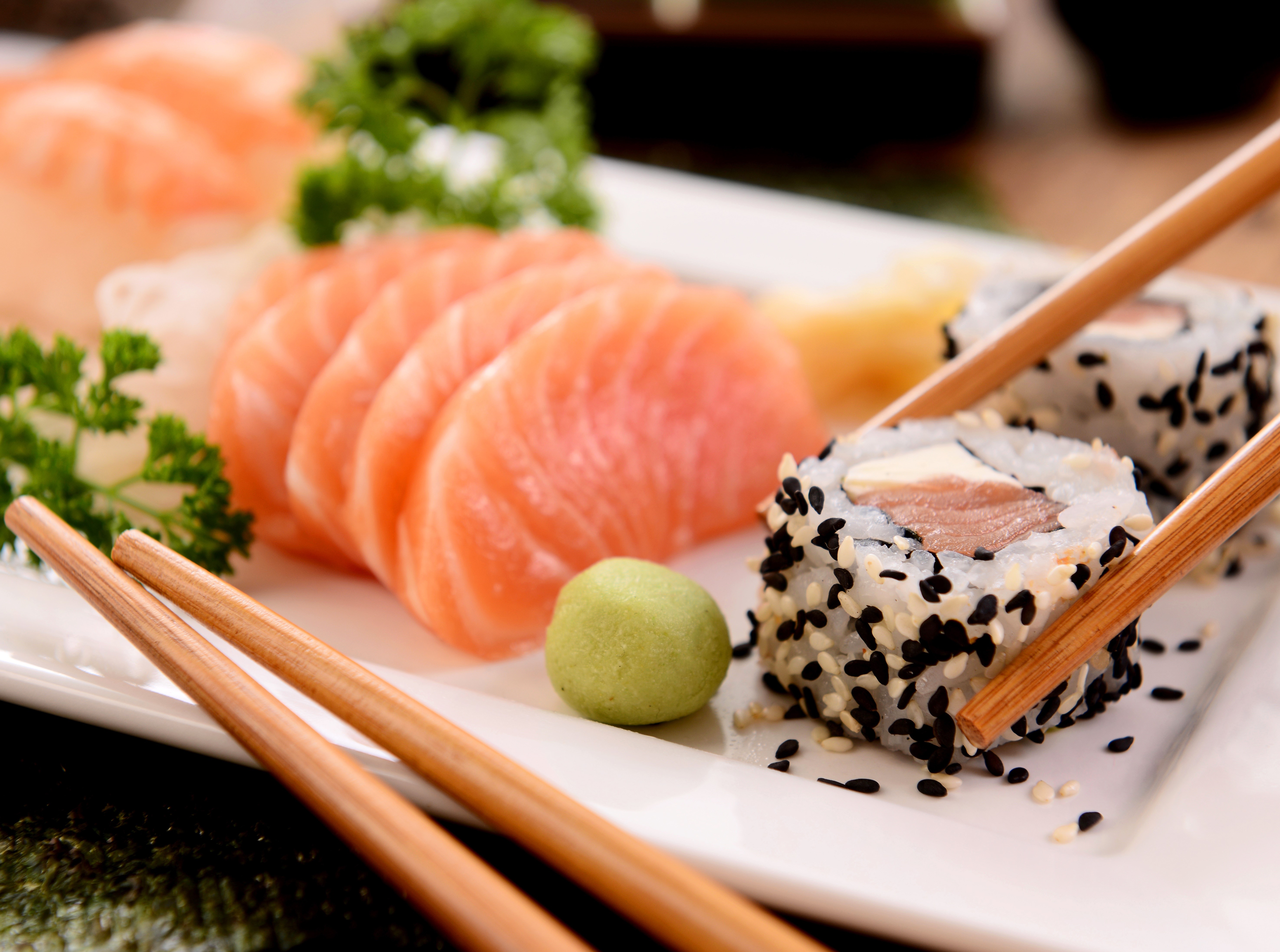 Sushi and Sashimi Platter with Chopsticks HD Wallpaper