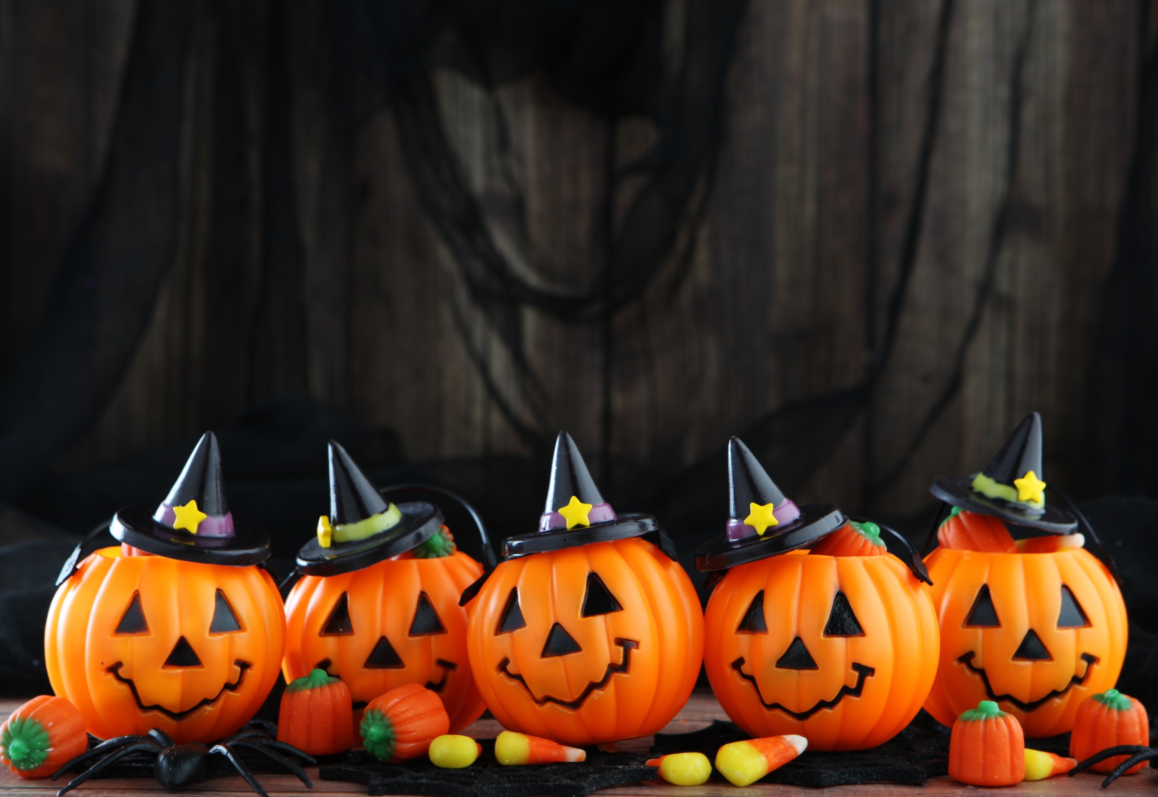 Halloween pumpkin buckets with witch hats and candy HD Wallpaper