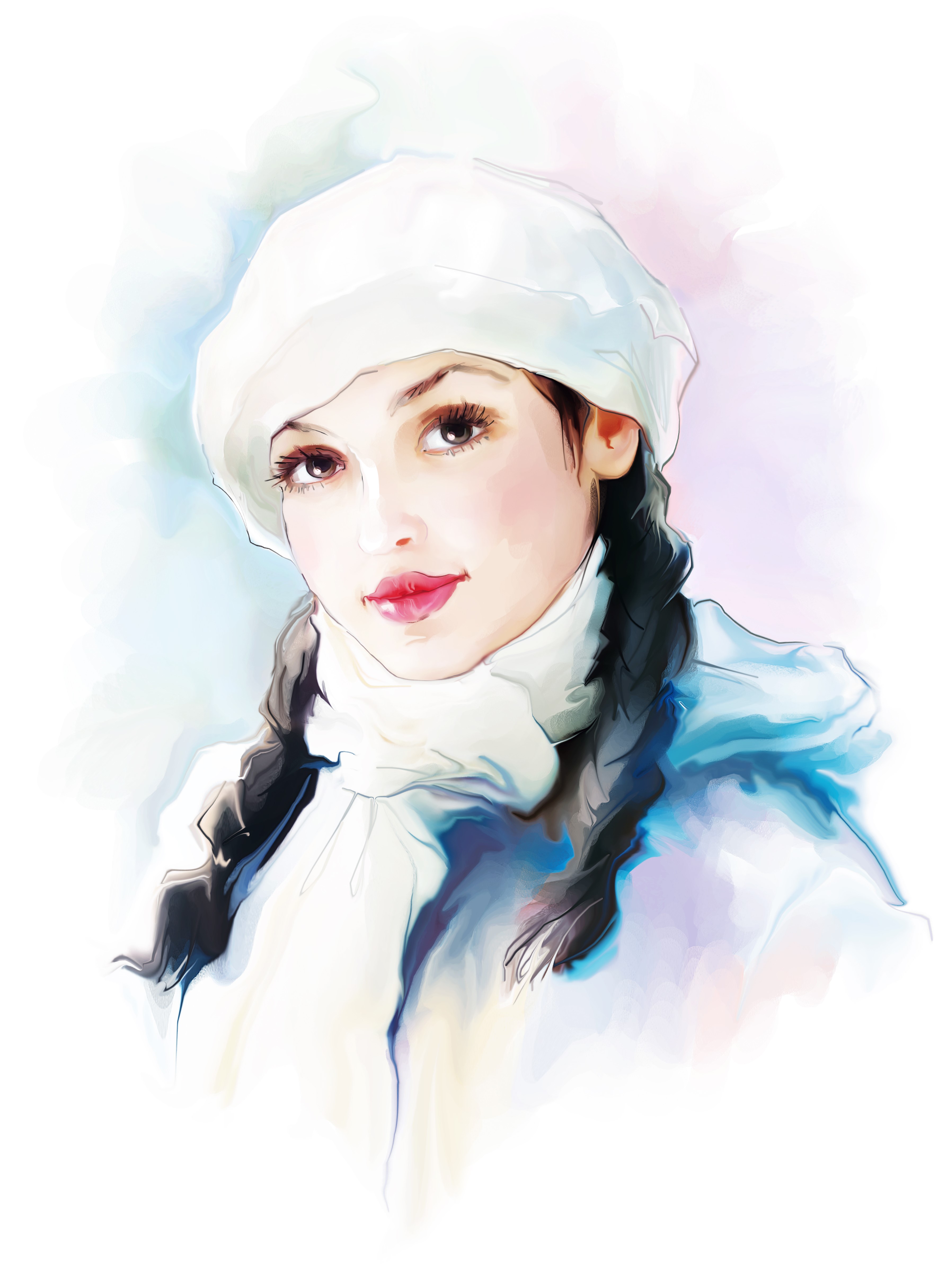 Painting of a woman with braid hair wearing a winter hat HD Phone Wallpaper