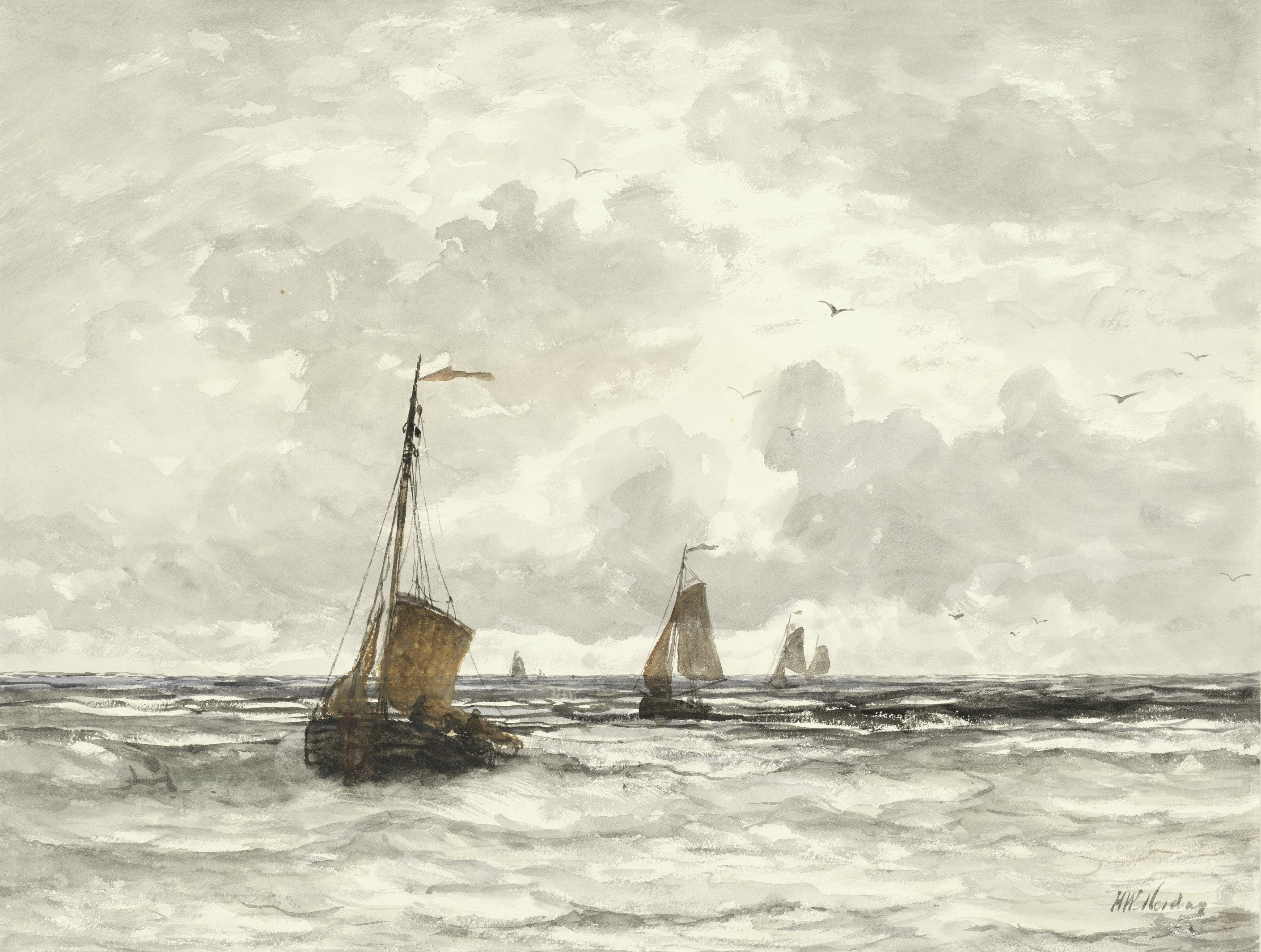 Fishing Boats in the Surf by Hendrik Willem Mesdag HD Wallpaper