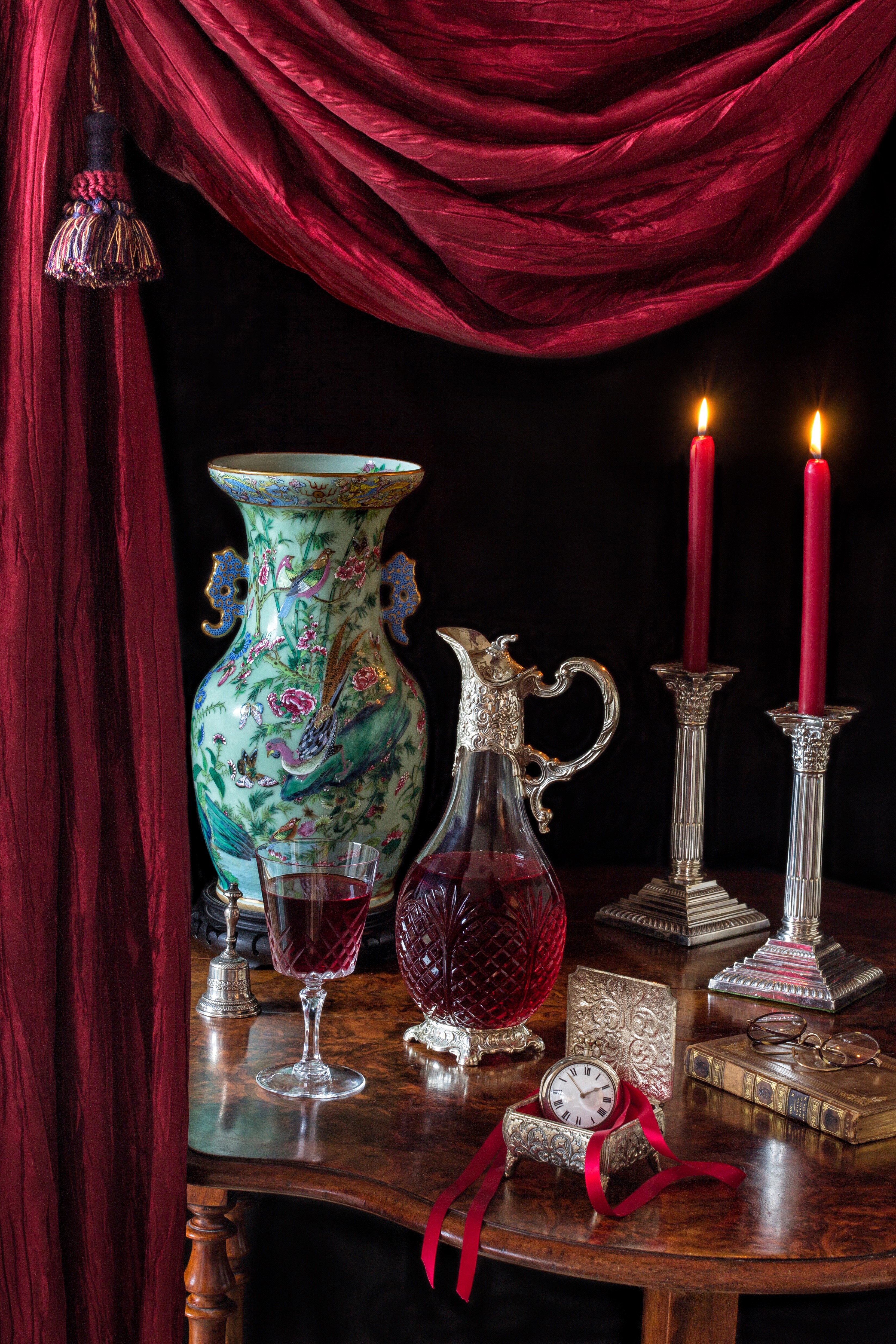 Still-life with vase, wine, candles, and clock HD Phone Wallpaper