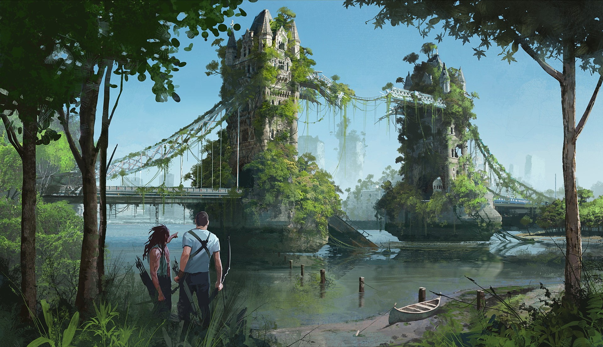 Two people with bows and arrows by a river with overgrown bridges HD Wallpaper