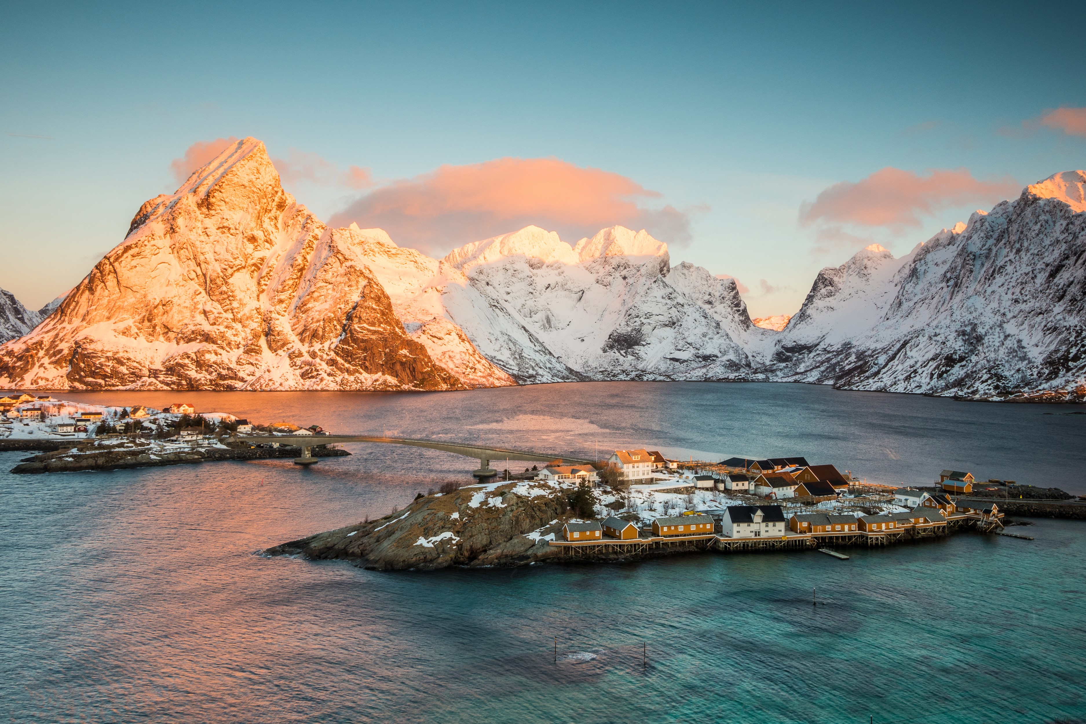 Snowy Lofoten Mountains and Village at Sunrise HD Wallpaper