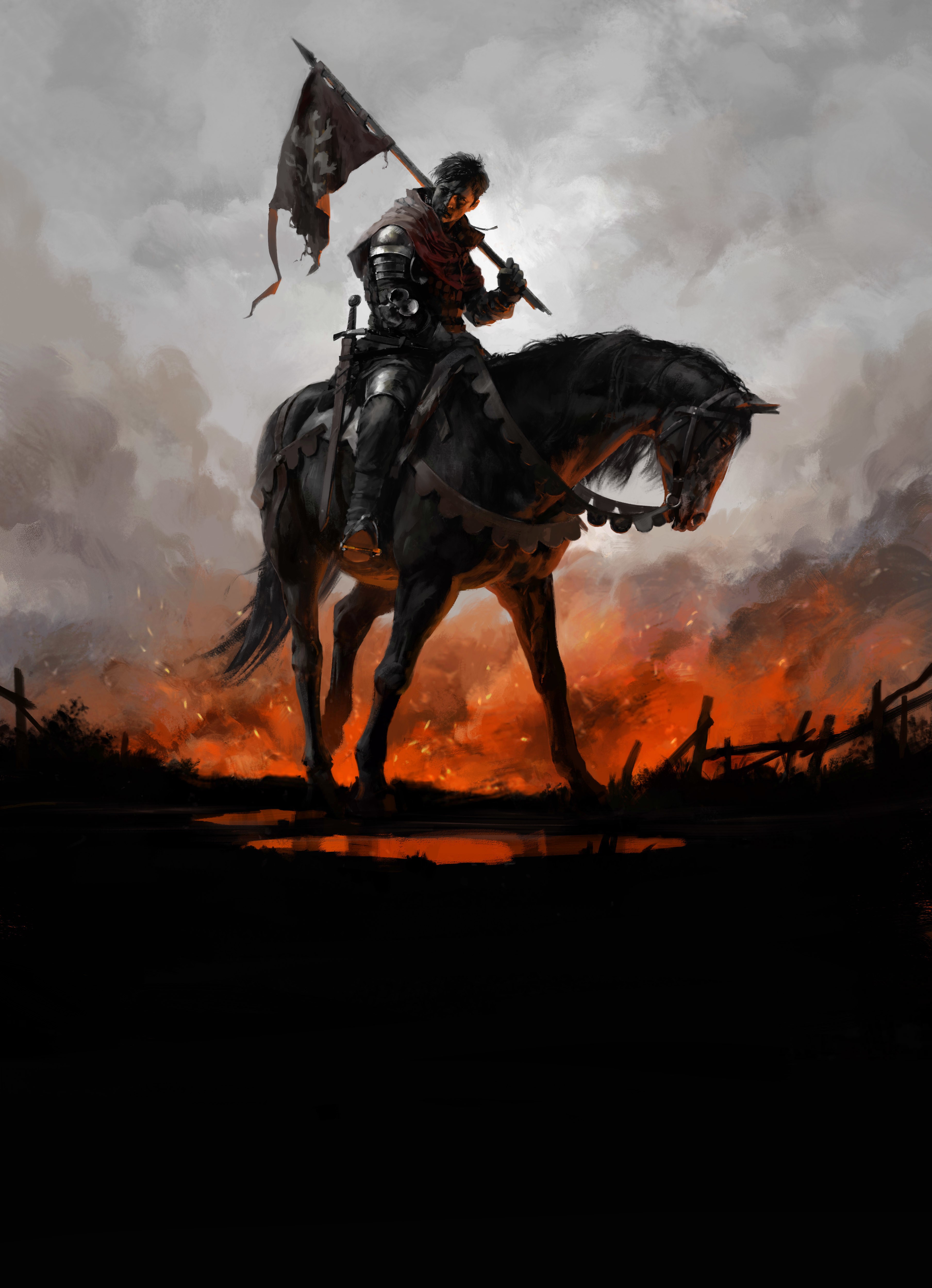 Knight on horseback with tattered flag in Kingdom Come: Deliverance HD Phone Wallpaper