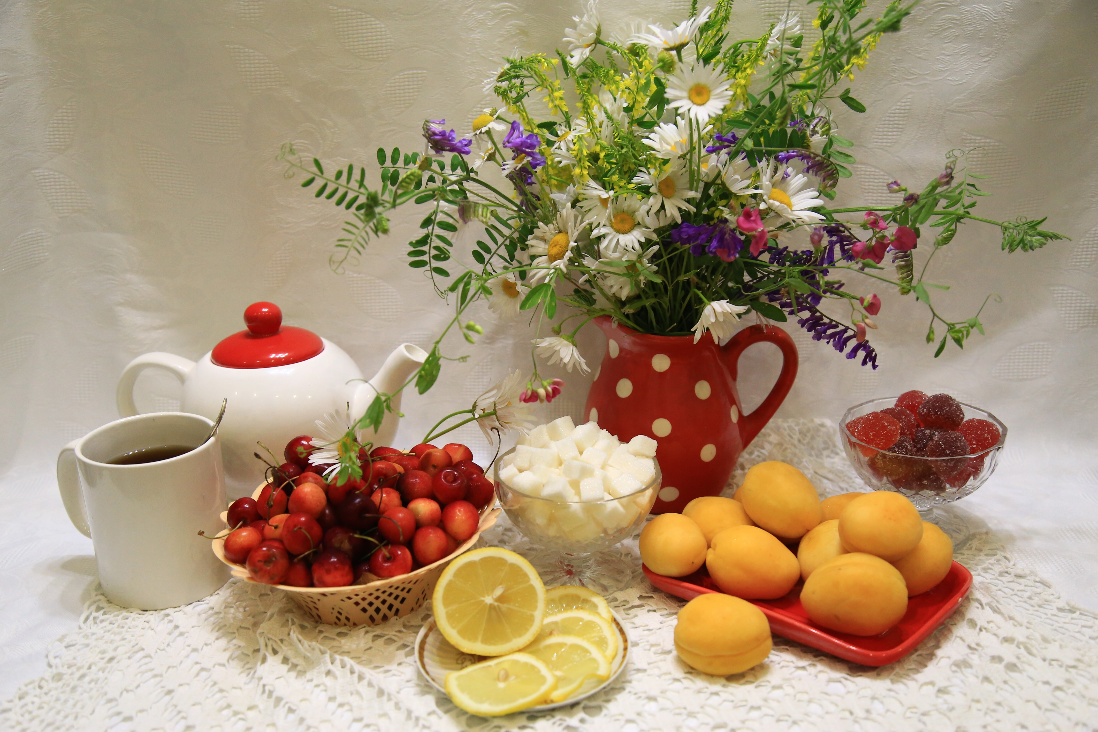 Still-life with bouquet, fruits, tea, and sweets HD Wallpaper