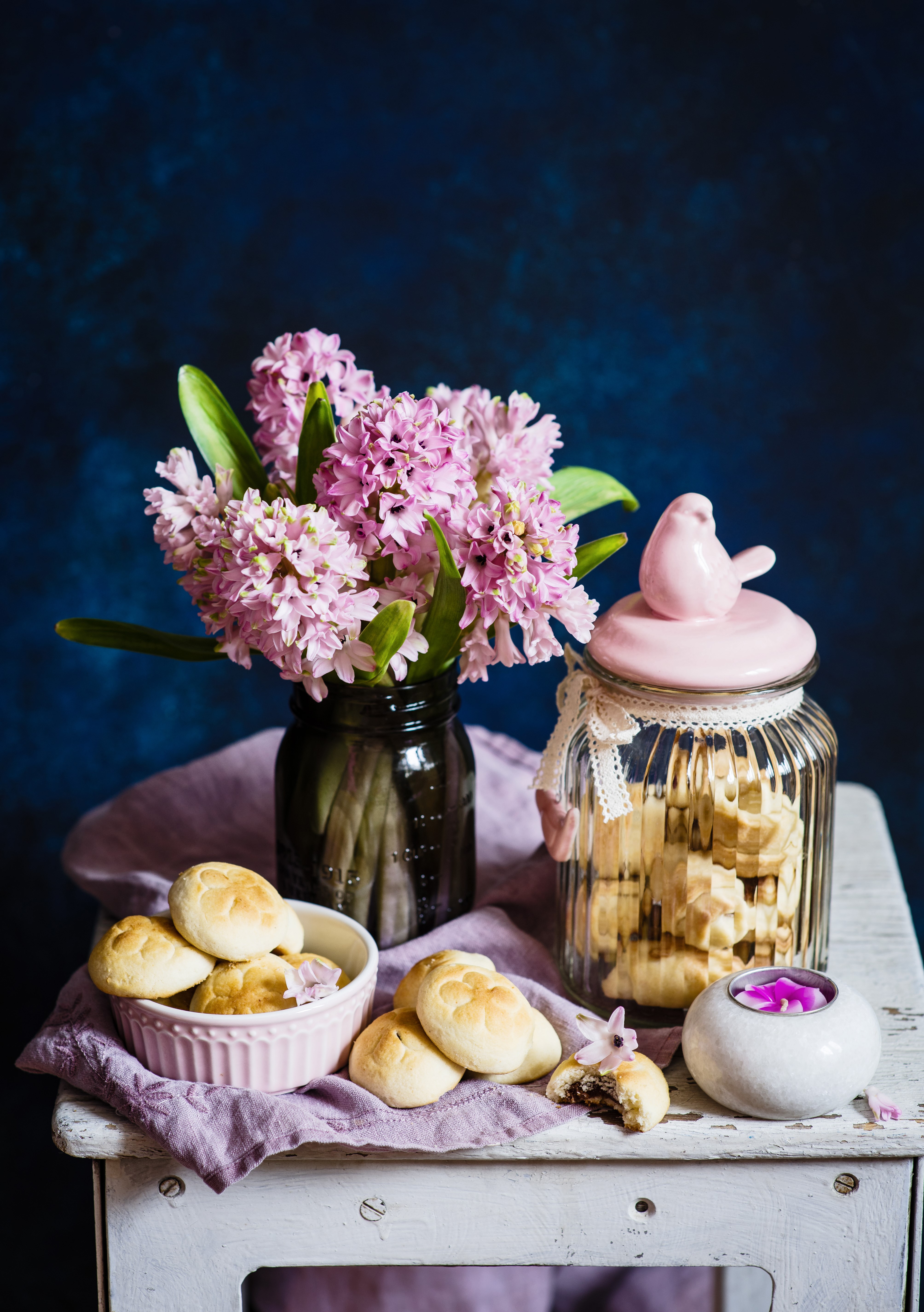Still-life with Hyacinths, Pastries, and Bird Jar HD Phone Wallpaper