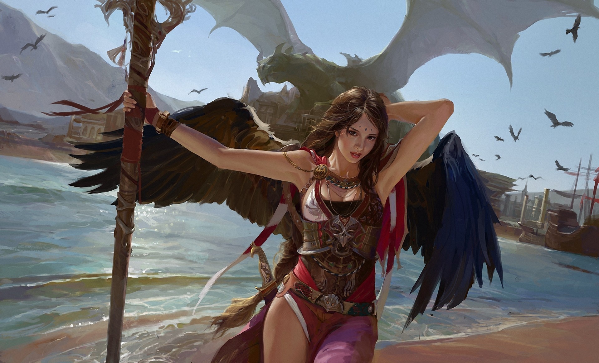 Winged woman with staff and dragon on beach HD Wallpaper