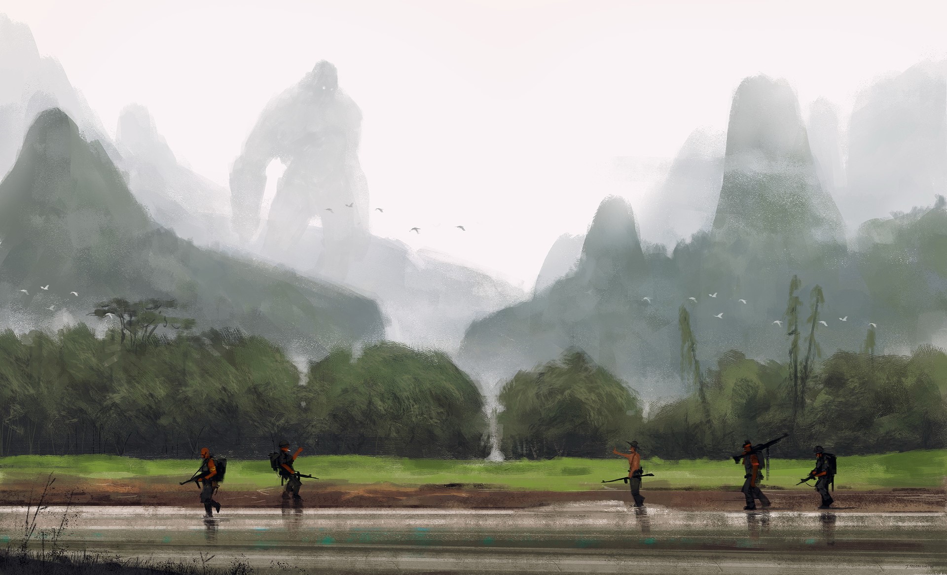 Soldiers crossing a river with a giant ape in the background HD Wallpaper