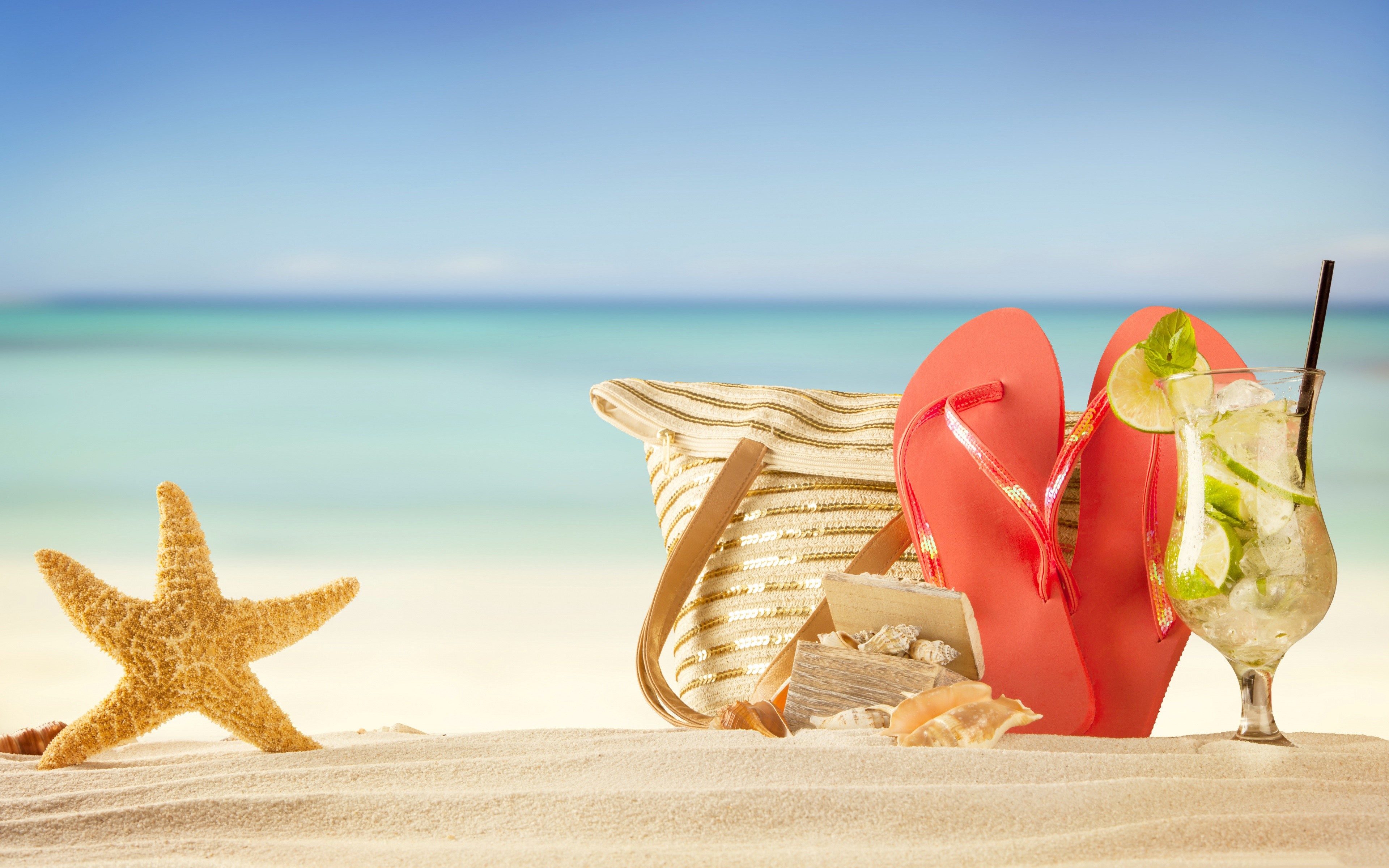 Starfish, Handbag, Flip-flops, and Drink on Beach HD Wallpaper