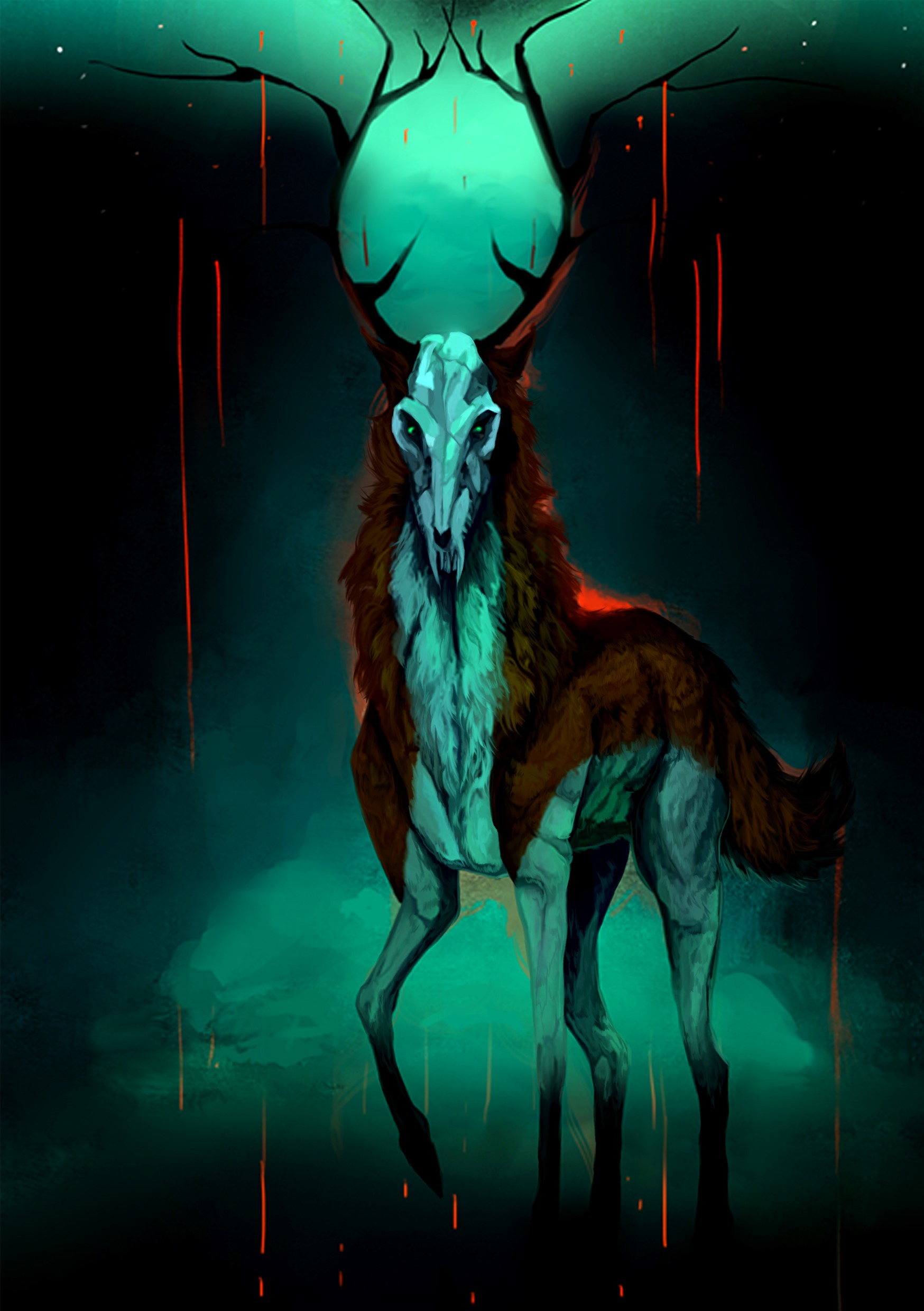 Creature with deer skull and antlers in eerie forest HD Phone Wallpaper