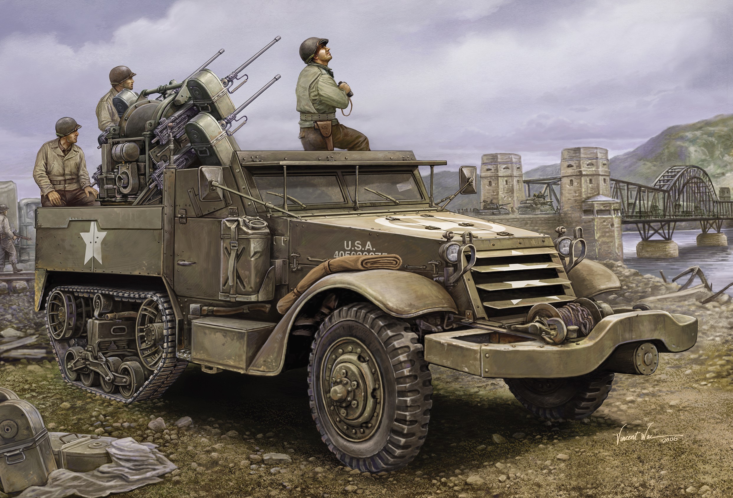 M16 Multiple-Gun Motor Carriage with Soldiers HD Wallpaper